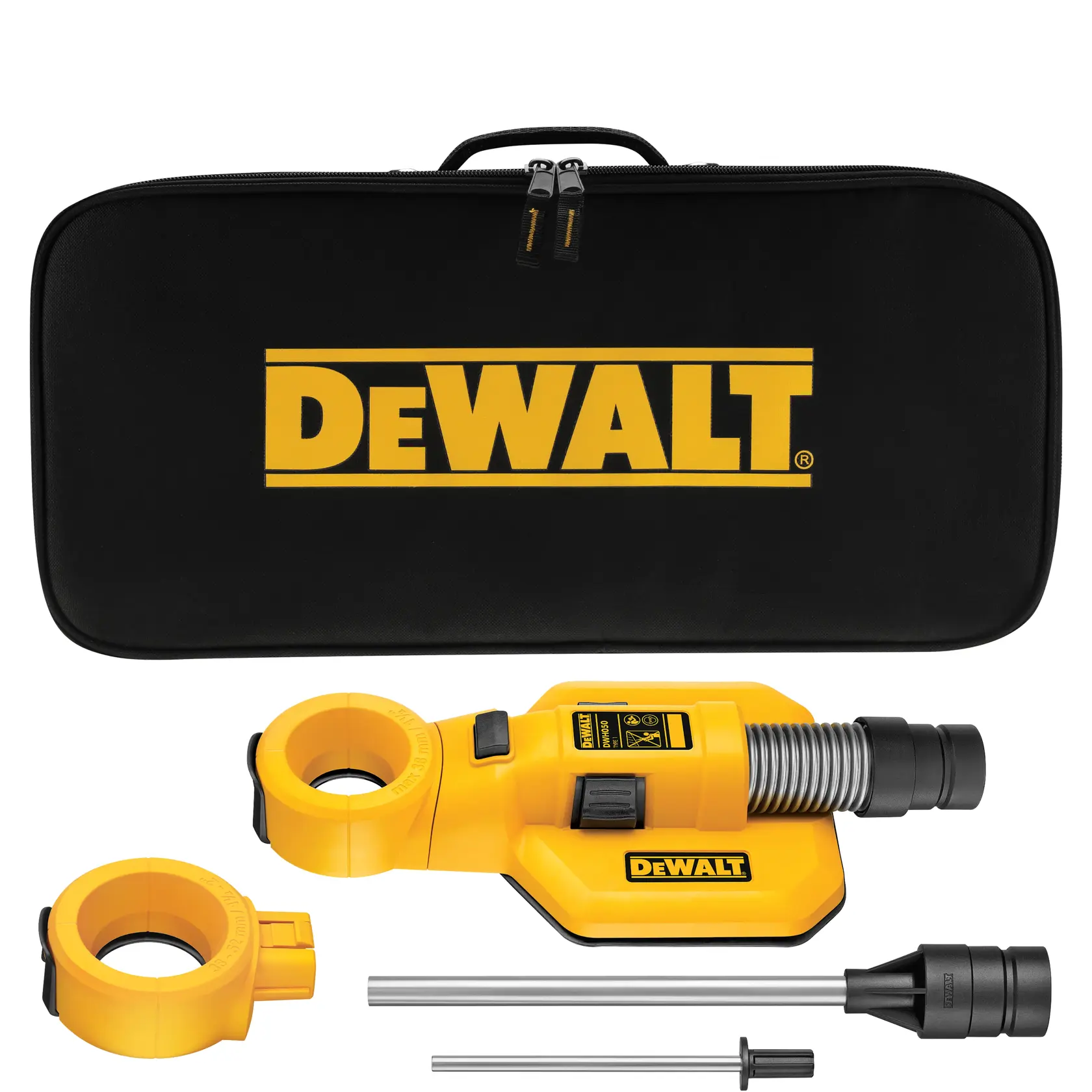 DEWALT dust collection attachment kit including a black carrying case with yellow DEWALT logo, a yellow dust collection attachment, additional ring attachments, connector rods, and a nozzle.