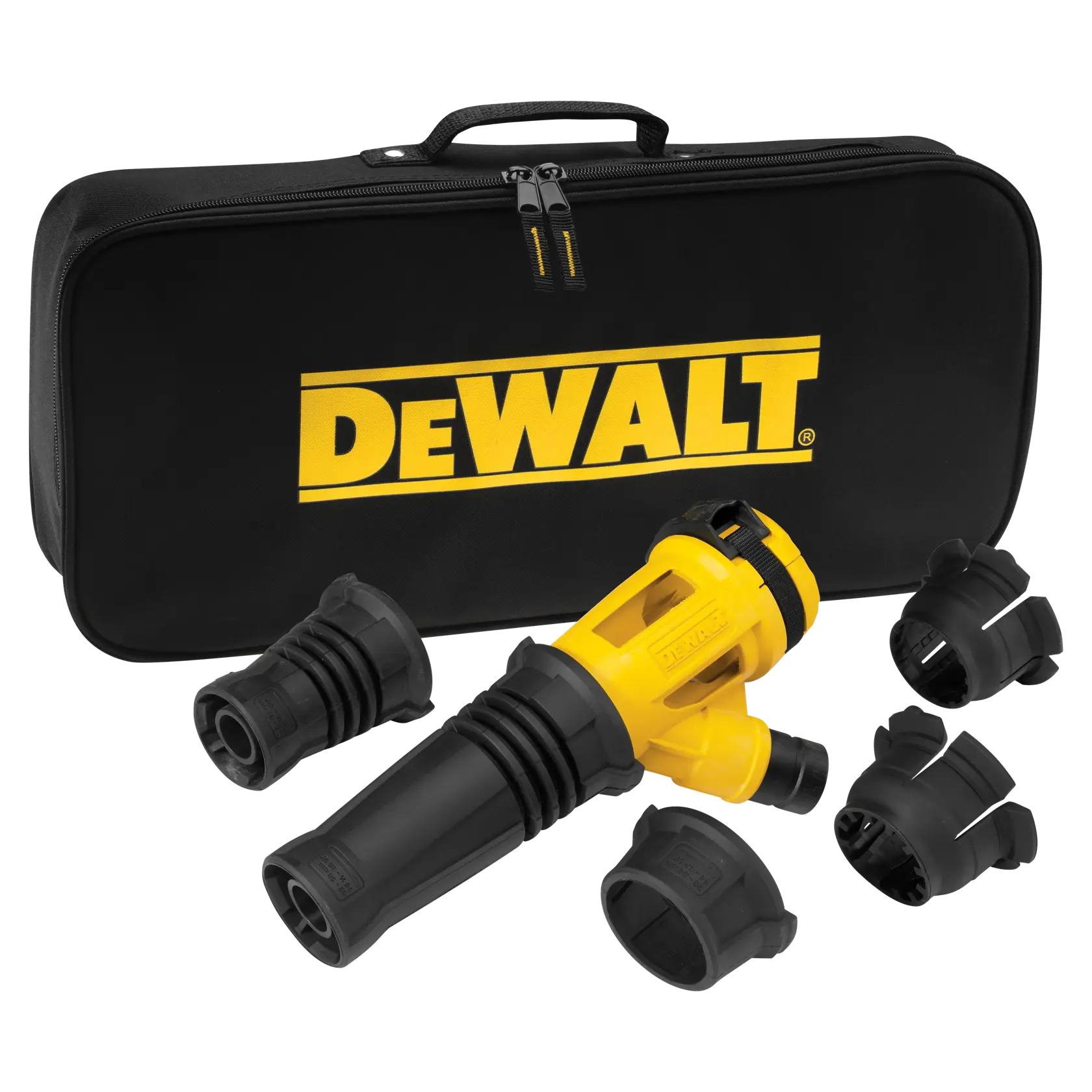 DEWALT accessory kit with carrying case, yellow and black main tool, and several attachments displayed.