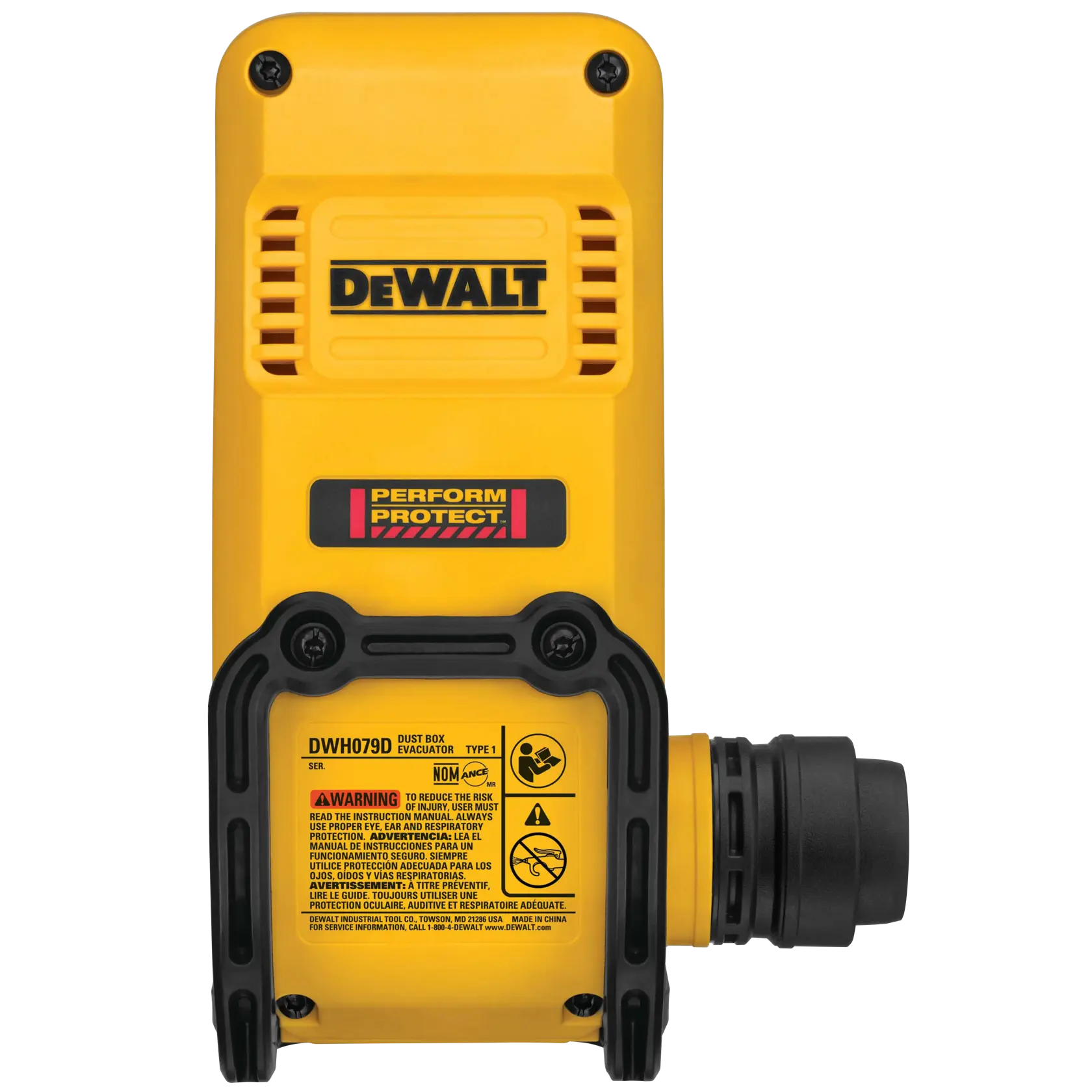 Vorderansicht eines DEWALT DWH079D Staubbox-Evakuators, einem Fotografie-Zubehör mit gelbem Gehäuse, schwarzen Akzenten und Warnetiketten.