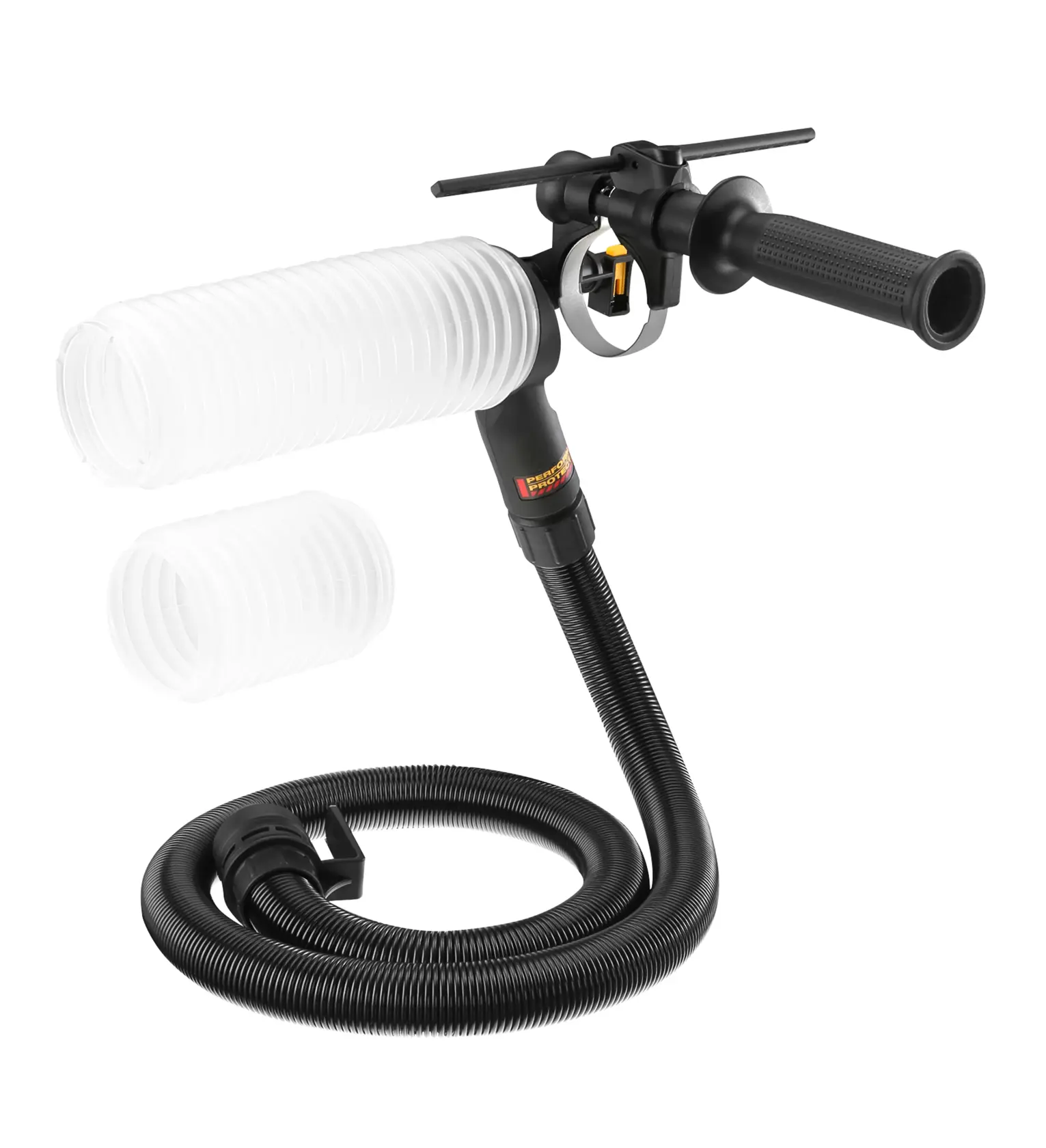 DEWALT dust extraction attachment with flexible hose and handle, designed for use with power tools.