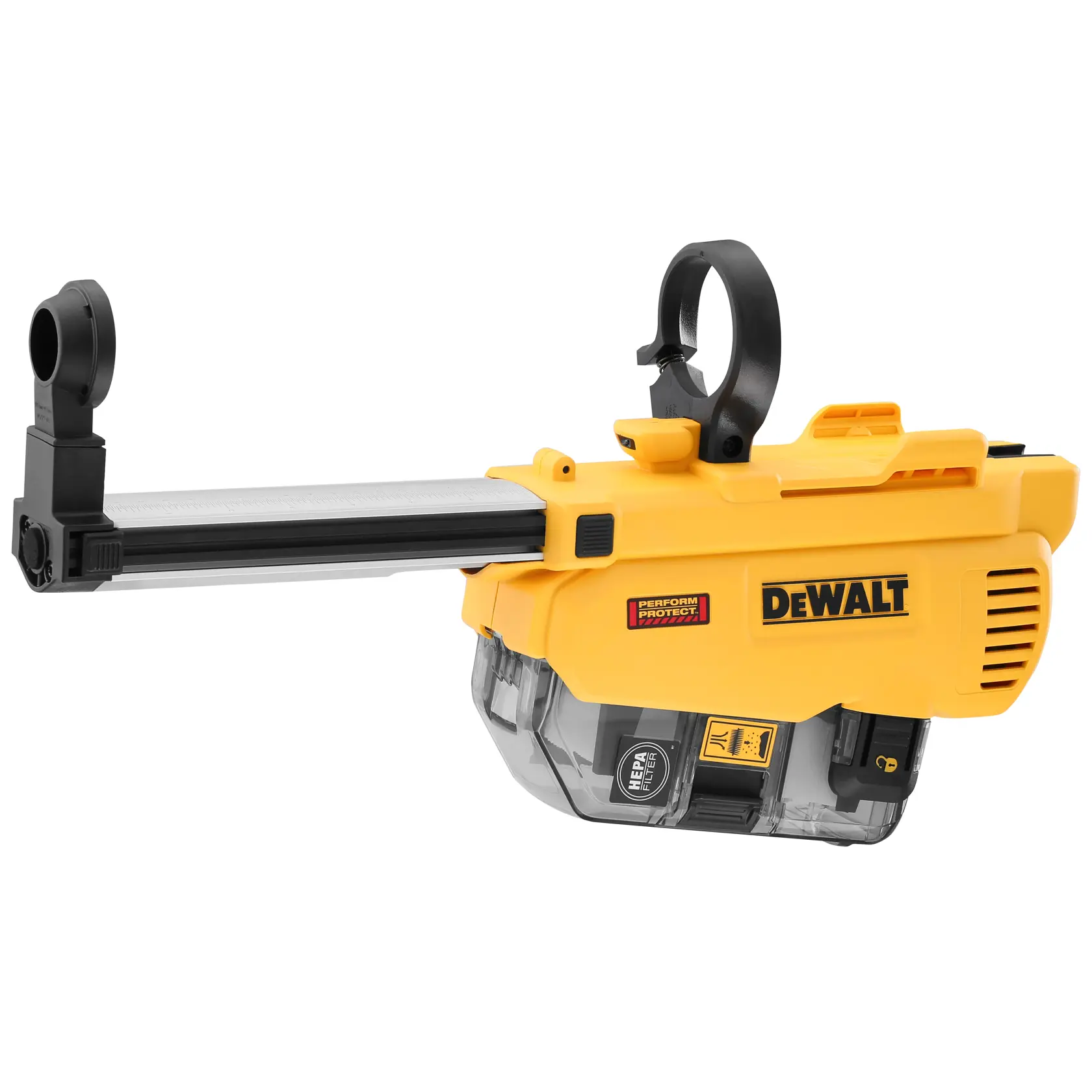 Yellow DEWALT dust extractor attachment for drills, plastic design with clear chamber and clamps.
