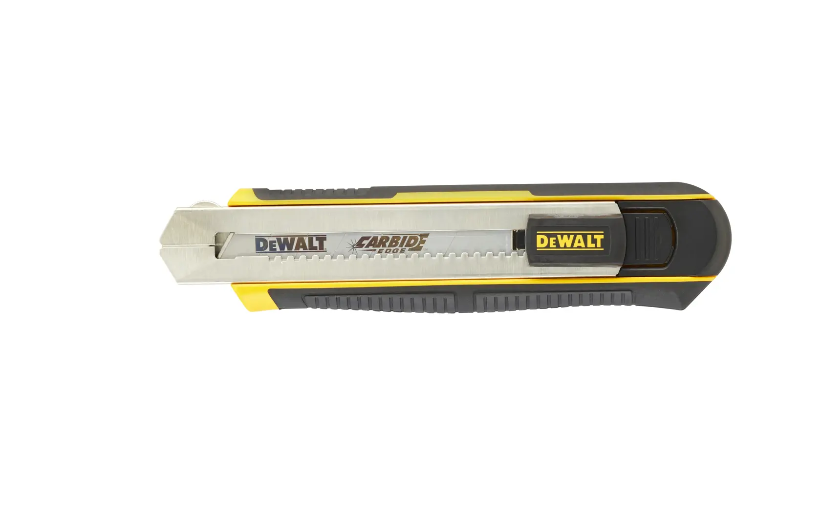 DEWALT utility knife with carbide blade, black and yellow handle, shown on white background.
