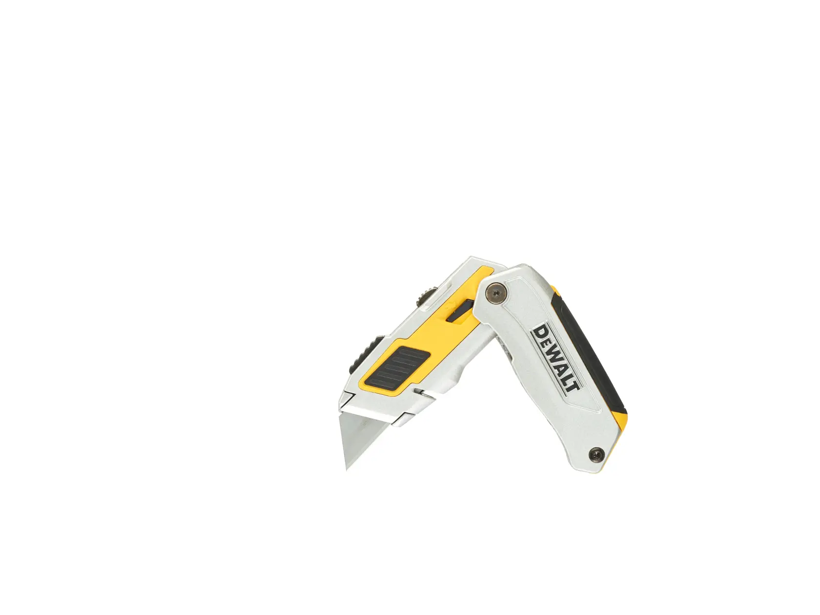 A DEWALT folding utility knife with a silver and yellow handle and exposed blade, shown against a white background.