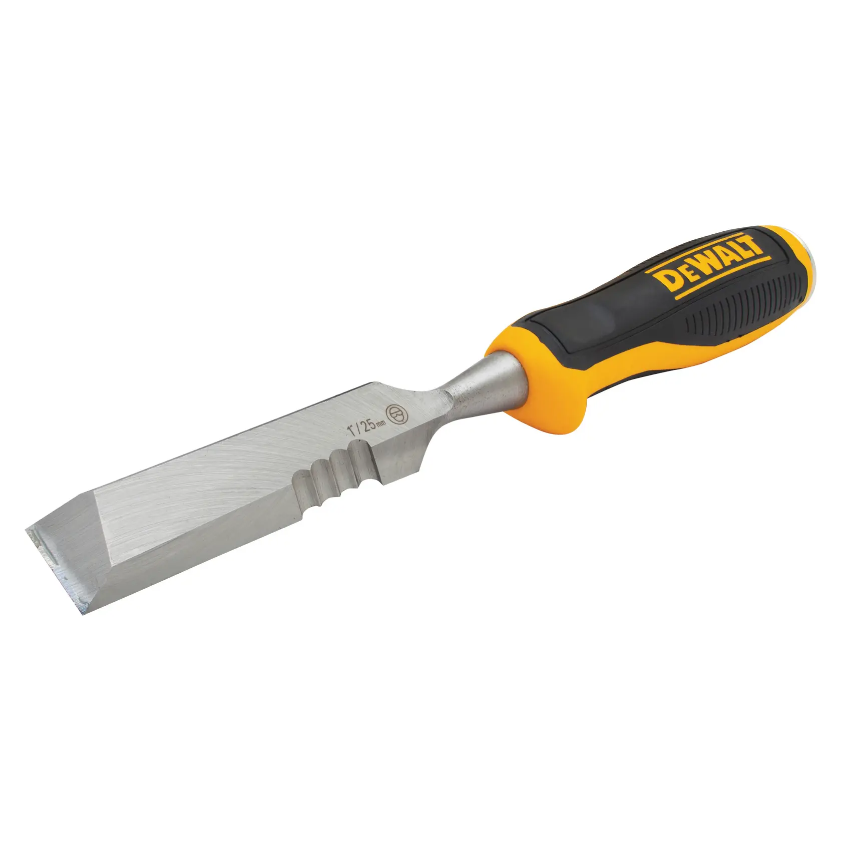 DEWALT chisel with black and yellow handle and metal blade, suitable for woodworking tasks.