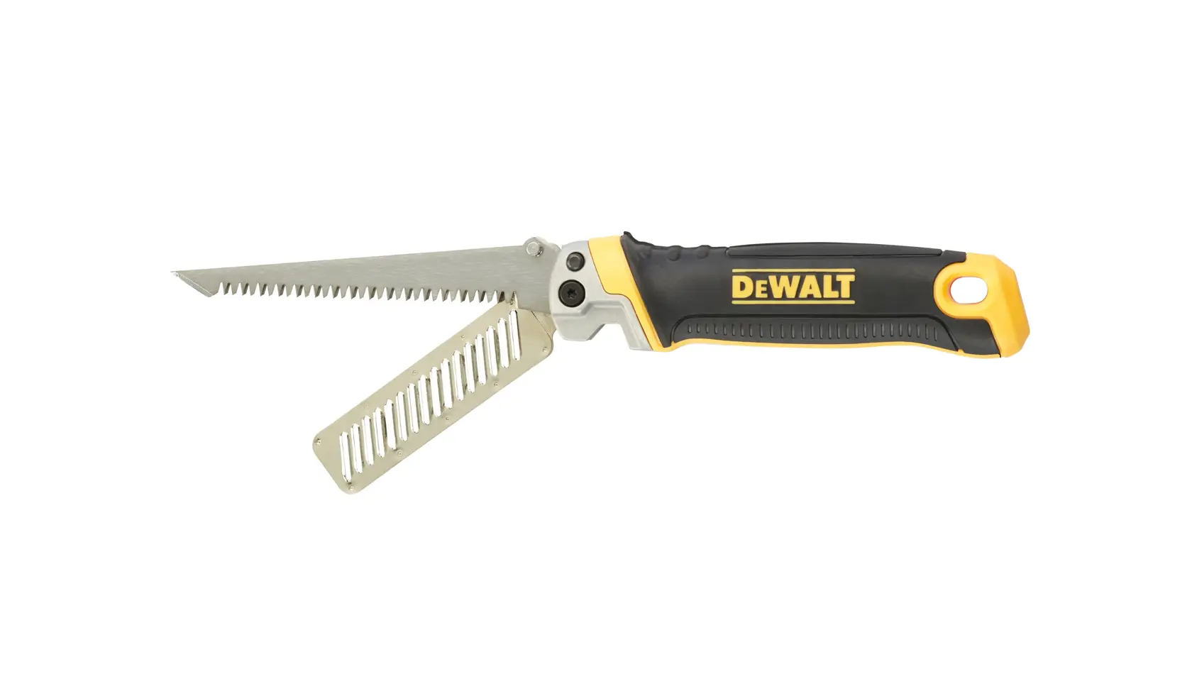 DEWALT folding drywall saw with ergonomic handle and auxiliary blade, black and yellow design.