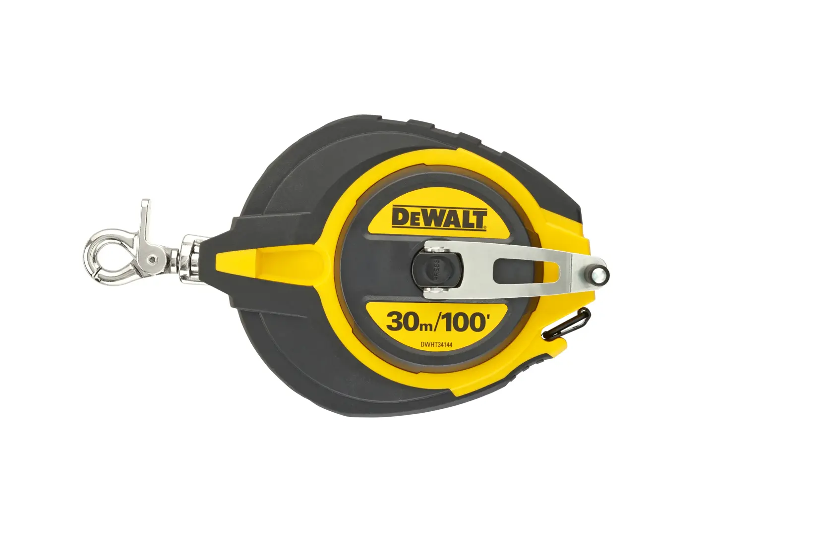 DEWALT 30m/100ft measuring tape in black and yellow casing with metal hook and handle.