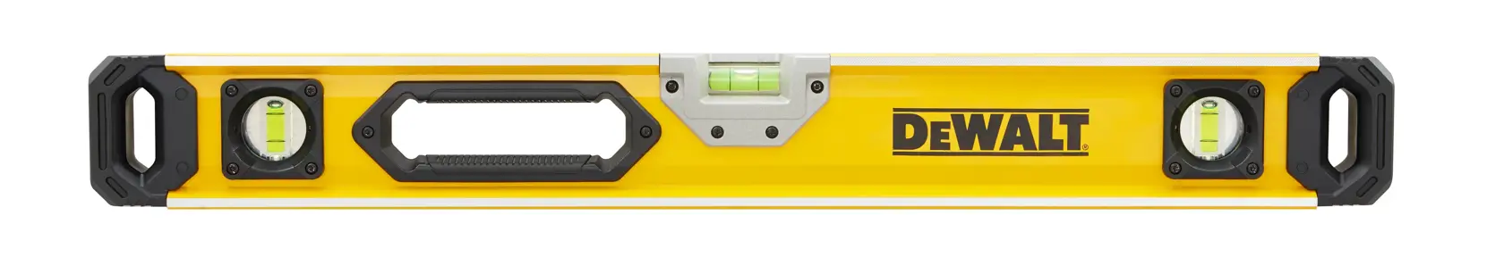 Yellow DEWALT spirit level with three vials and handles, used for measuring straight and level surfaces.
