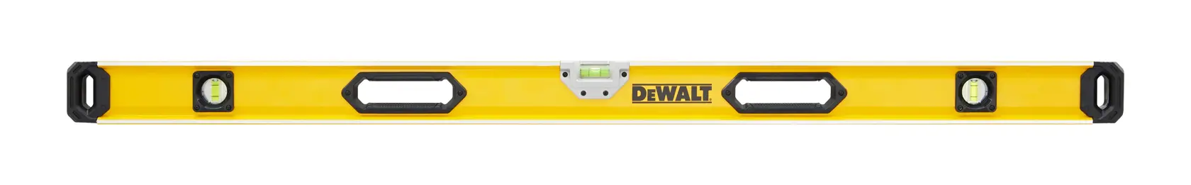 Yellow DEWALT spirit level tool with handles and three bubble vials for precise alignment.