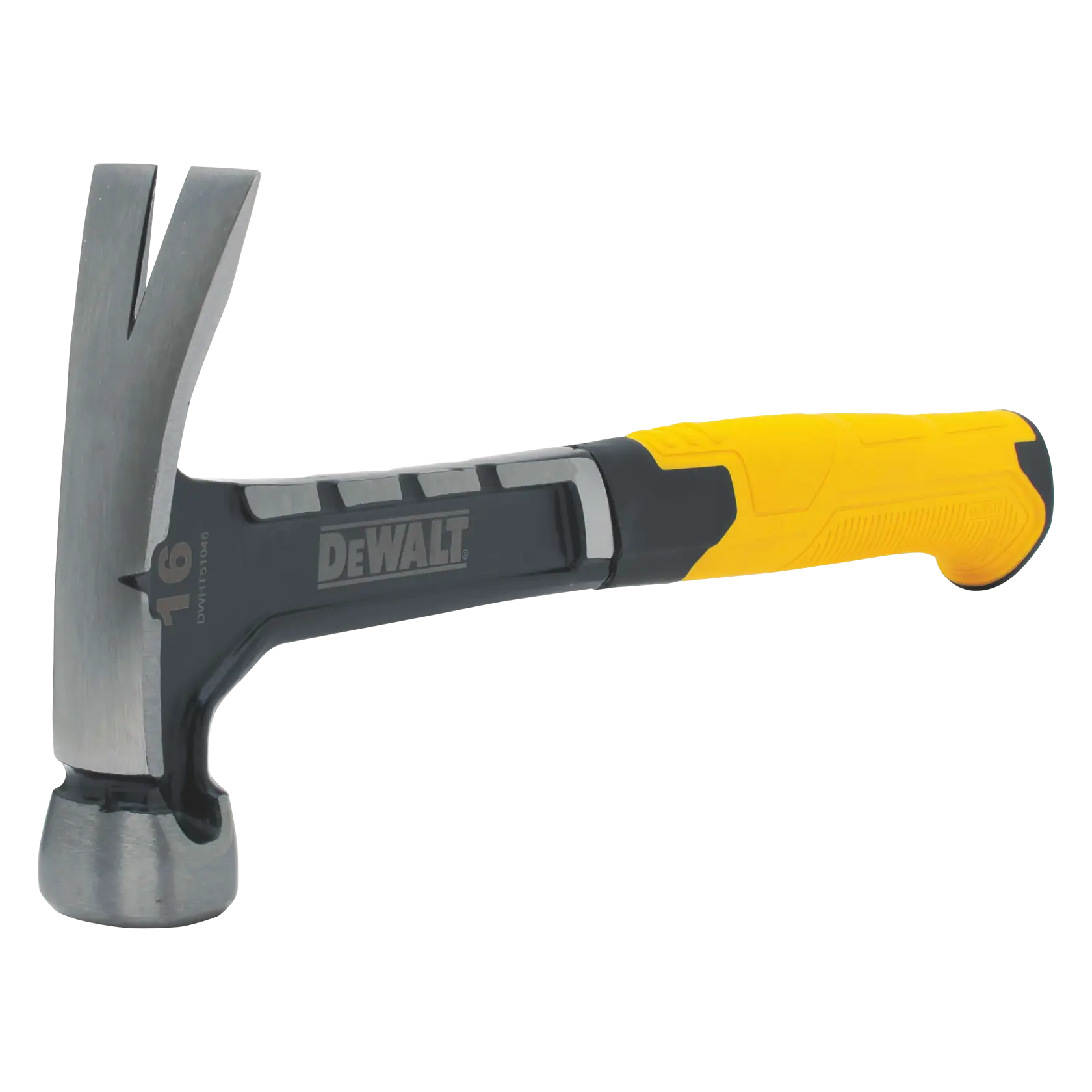 DEWALT claw hammer with yellow and black handle, designed for carpentry and general construction tasks.