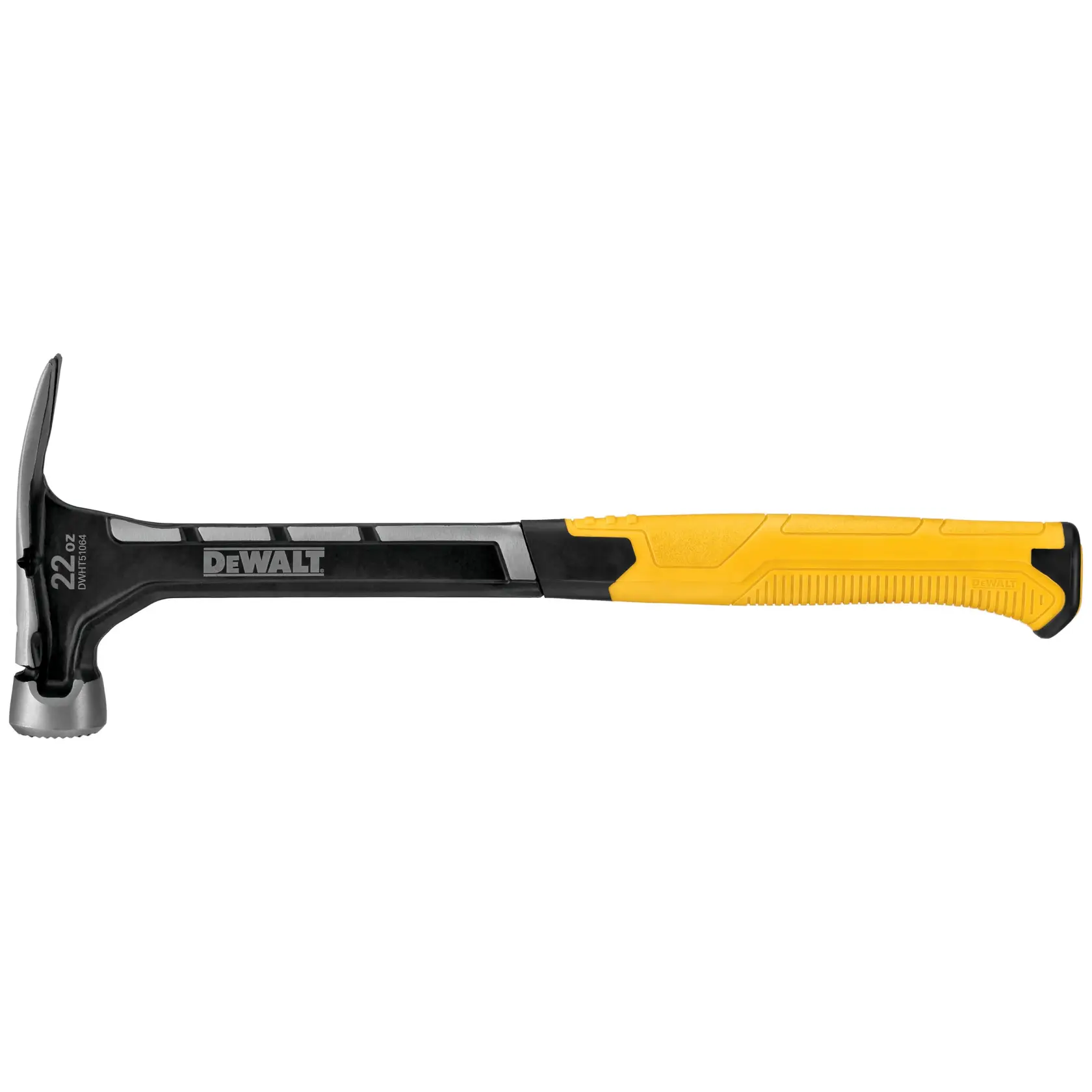 DEWALT 22 oz yellow and black claw hammer with textured grip handle, designed for heavy-duty construction use.