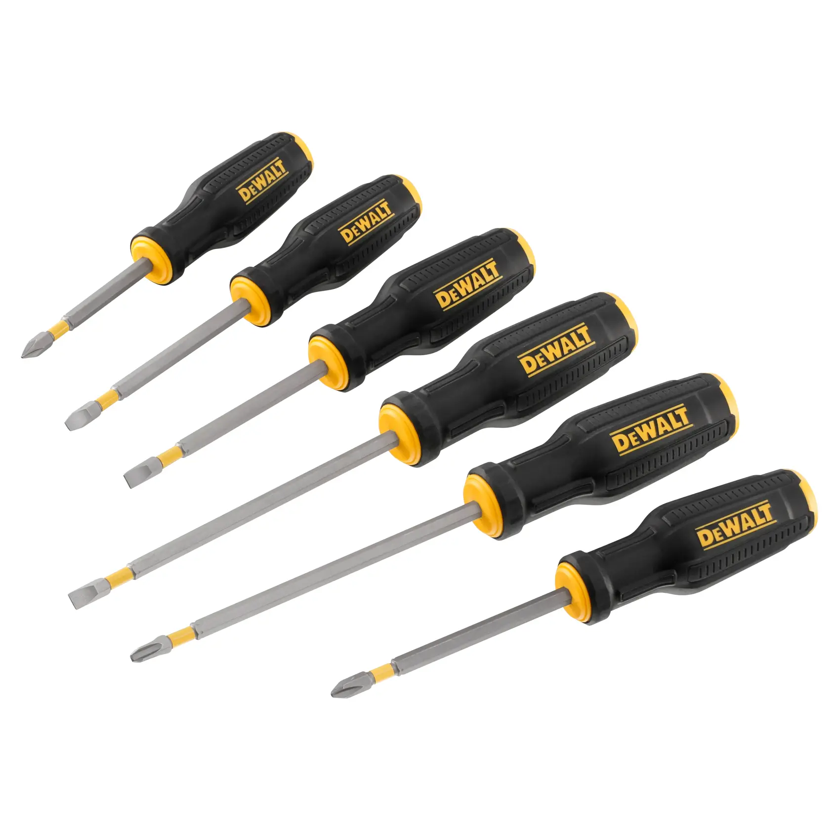 Six DEWALT screwdrivers with black and yellow handles, shown in different sizes and types on a white background.