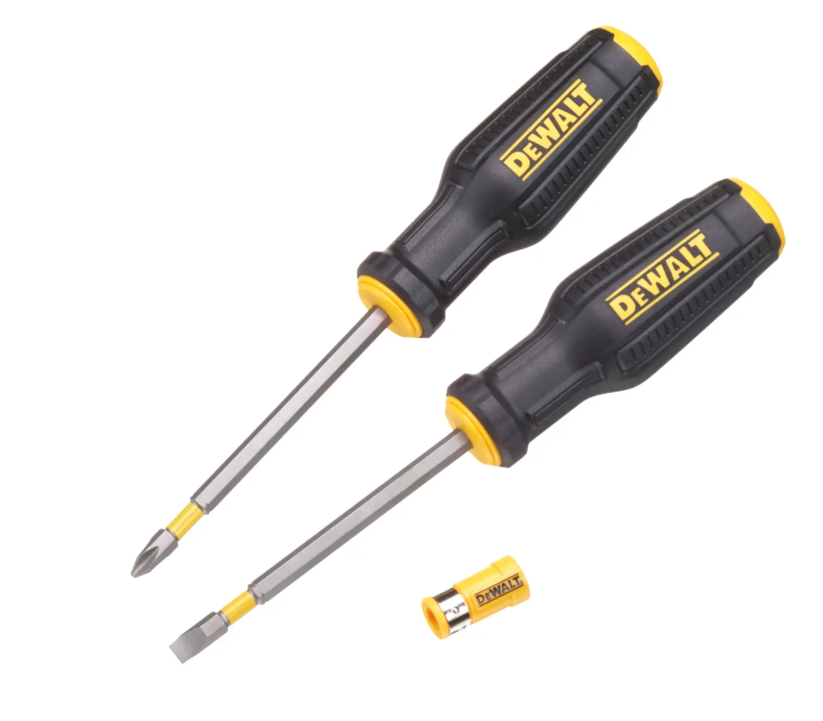 Two DEWALT screwdrivers with black and yellow handles, plus a small yellow accessory, on a white background.