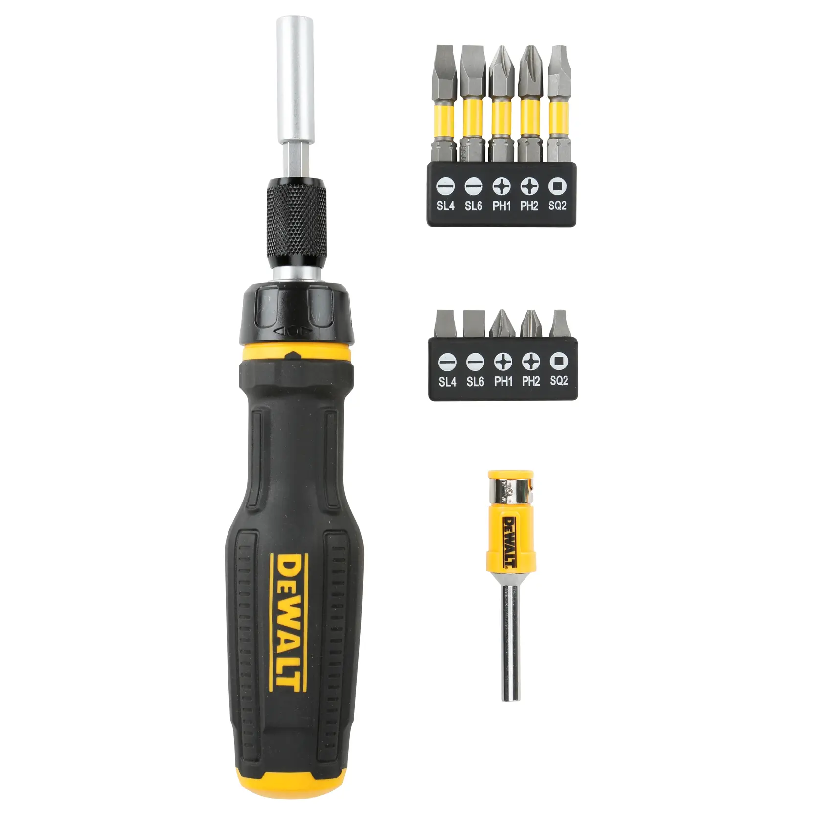 DEWALT screwdriver with two bit sets and a socket, black and yellow handle, bits for different screw types.