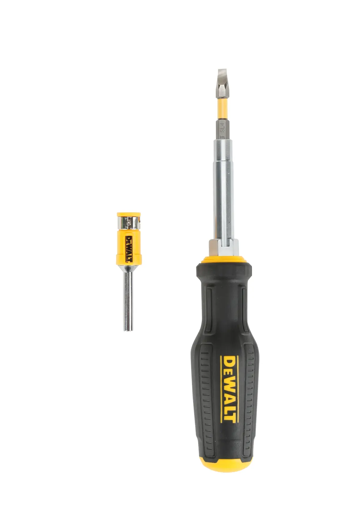 DEWALT screwdriver with interchangeable tip and a spare bit, shown on a white background.