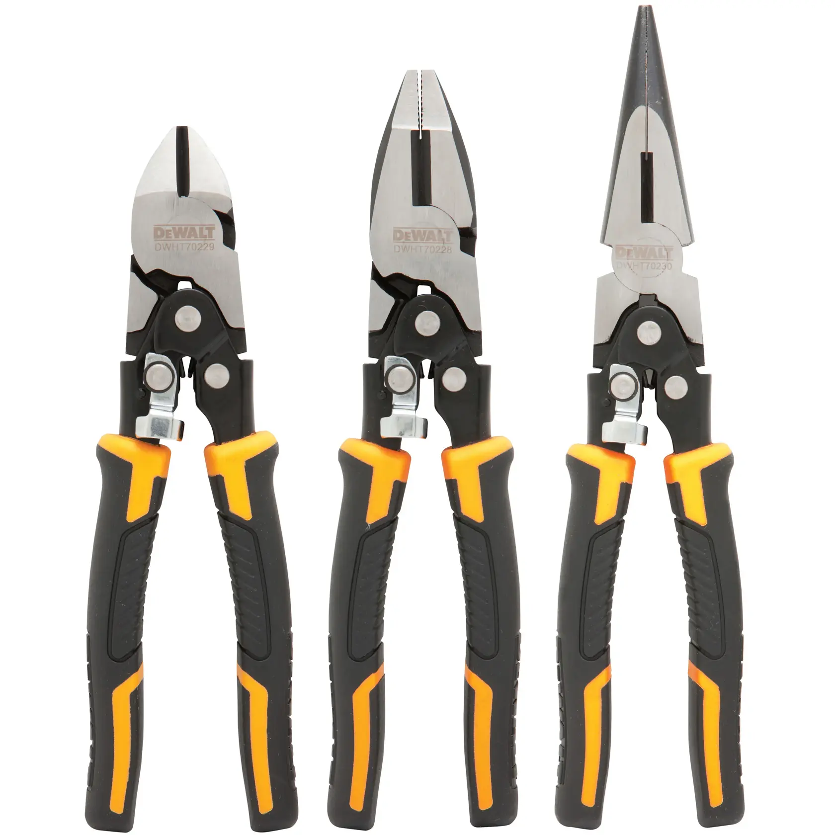 Three DEWALT pliers with black and yellow handles shown upright on a white background.