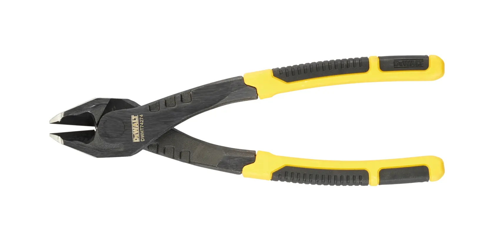 DEWALT diagonal cutting pliers with yellow and black grips, tool for cutting wires shown on white background.