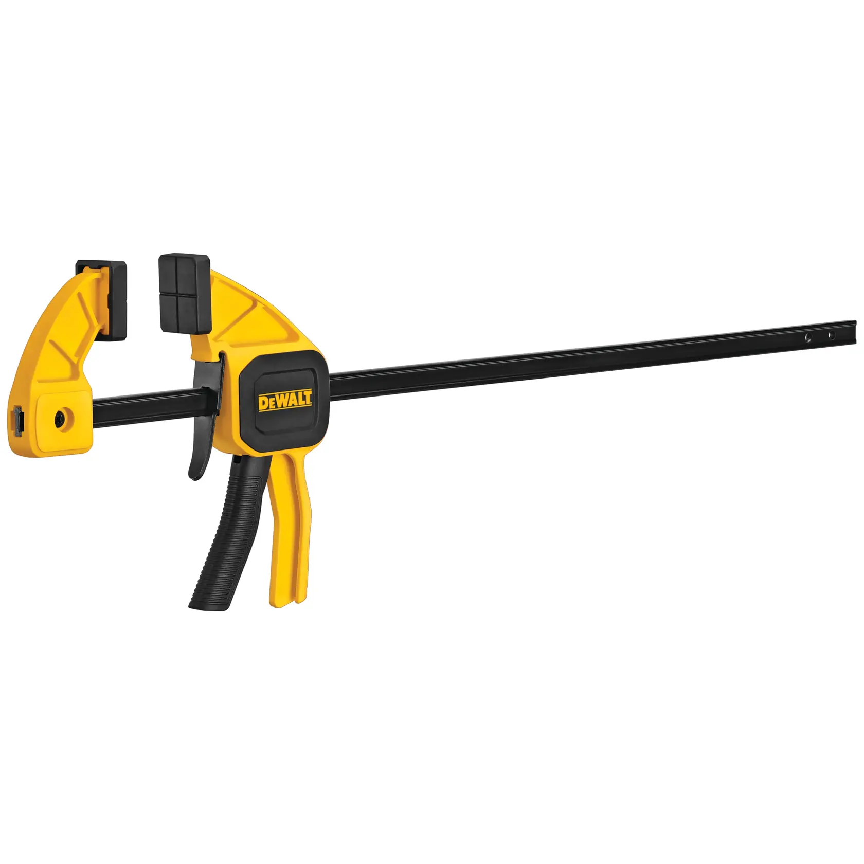 DEWALT yellow and black trigger clamp tool with adjustable bar for securing materials in woodworking.