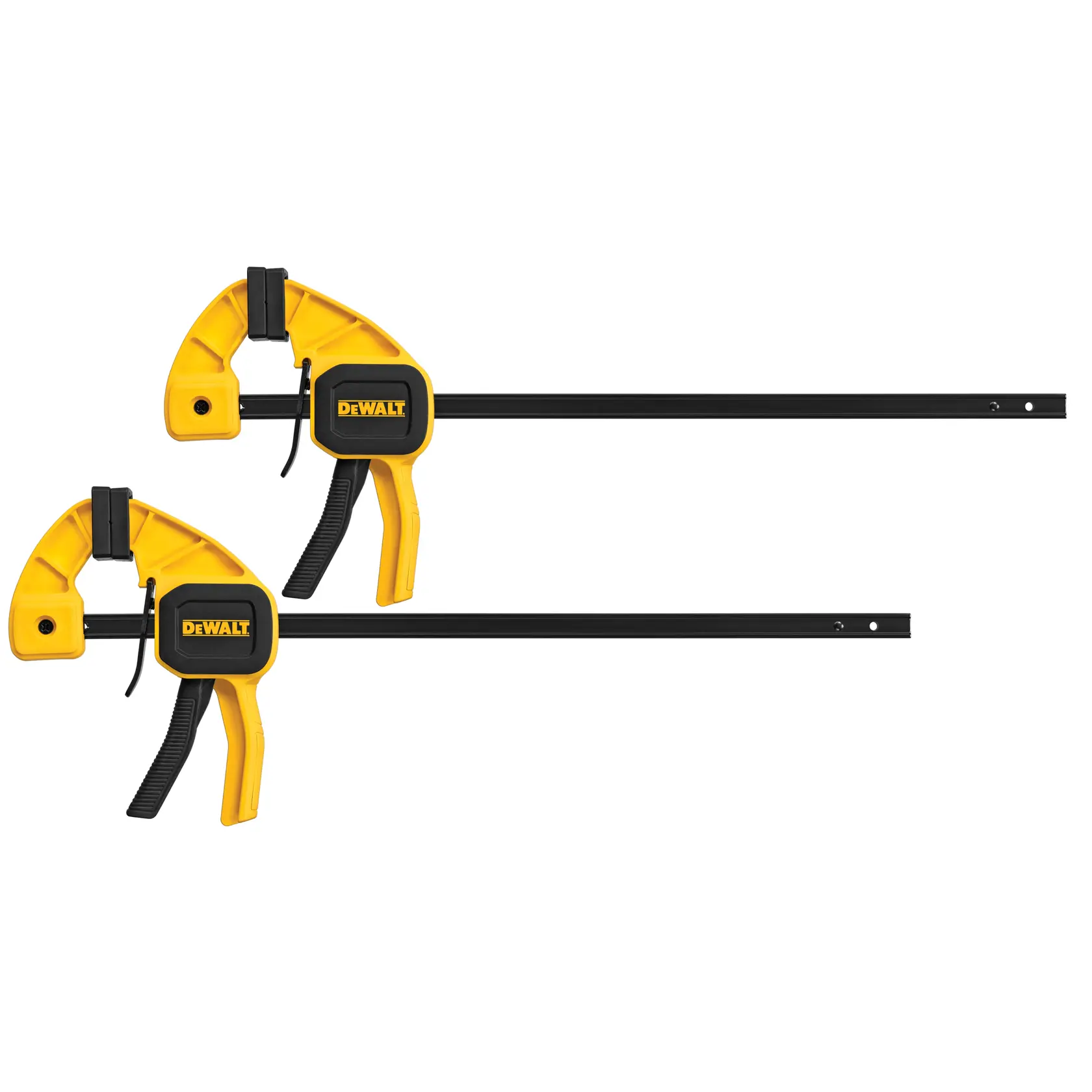 Two yellow and black DEWALT quick-release clamps with long metal bars for securing materials.
