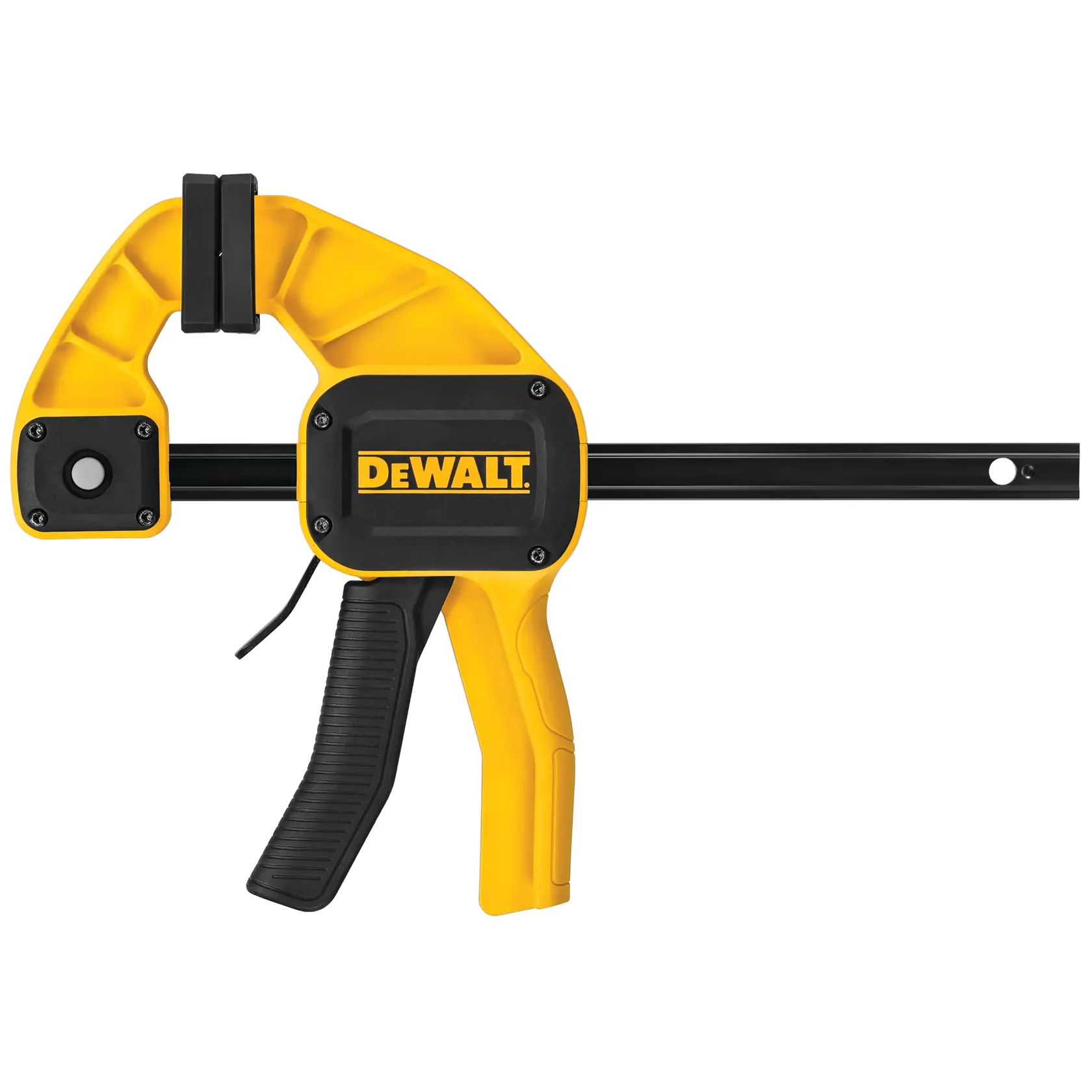 DEWALT yellow and black trigger clamp tool with handle and movable jaw for securing materials.