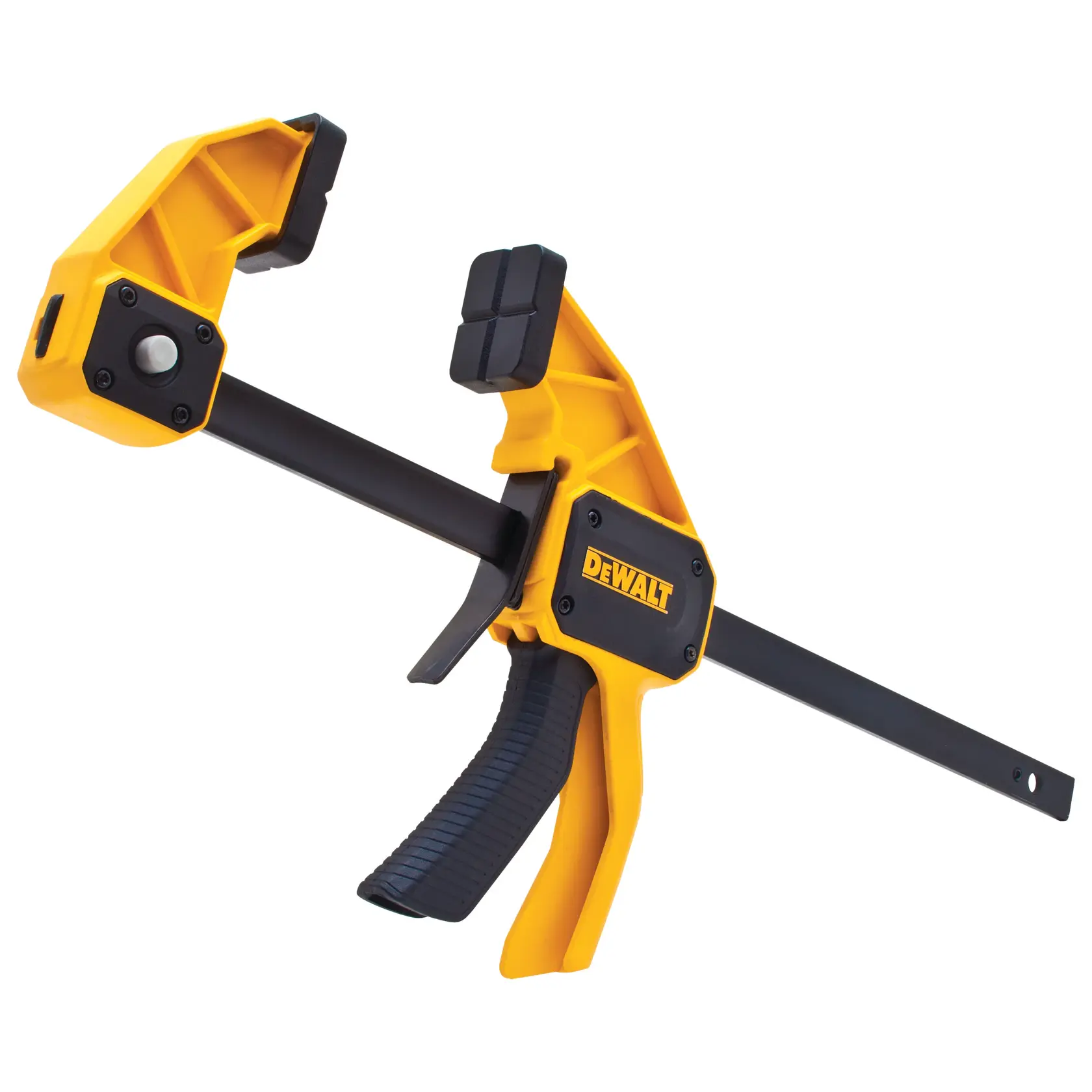 DEWALT one-handed bar clamp with yellow and black design for secure holding of materials during work.