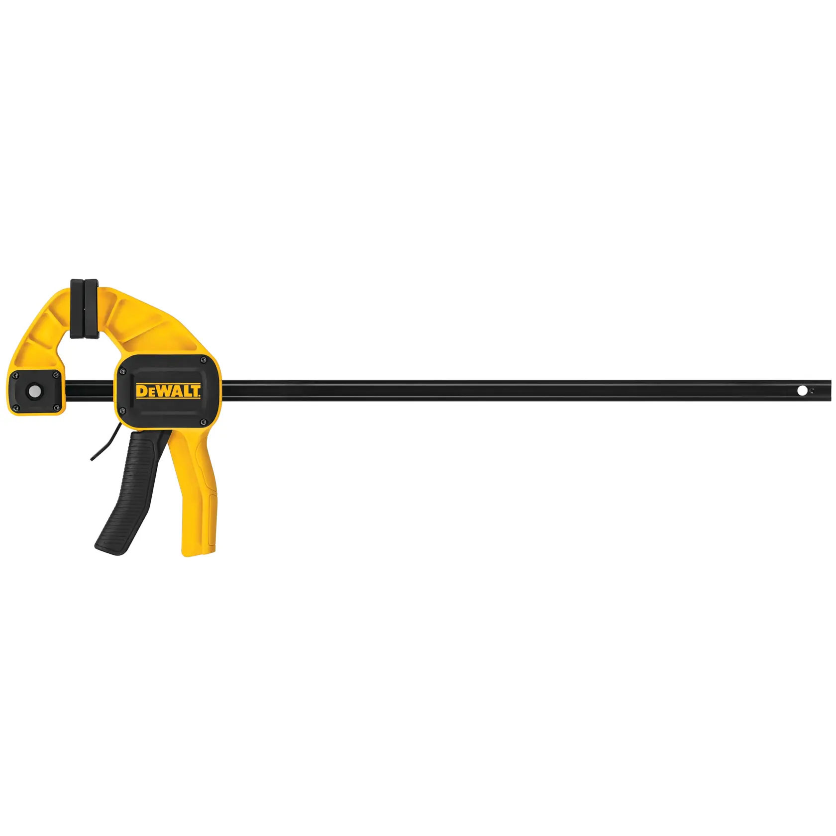 DEWALT quick grip bar clamp with yellow and black handle for woodworking and project assembly.