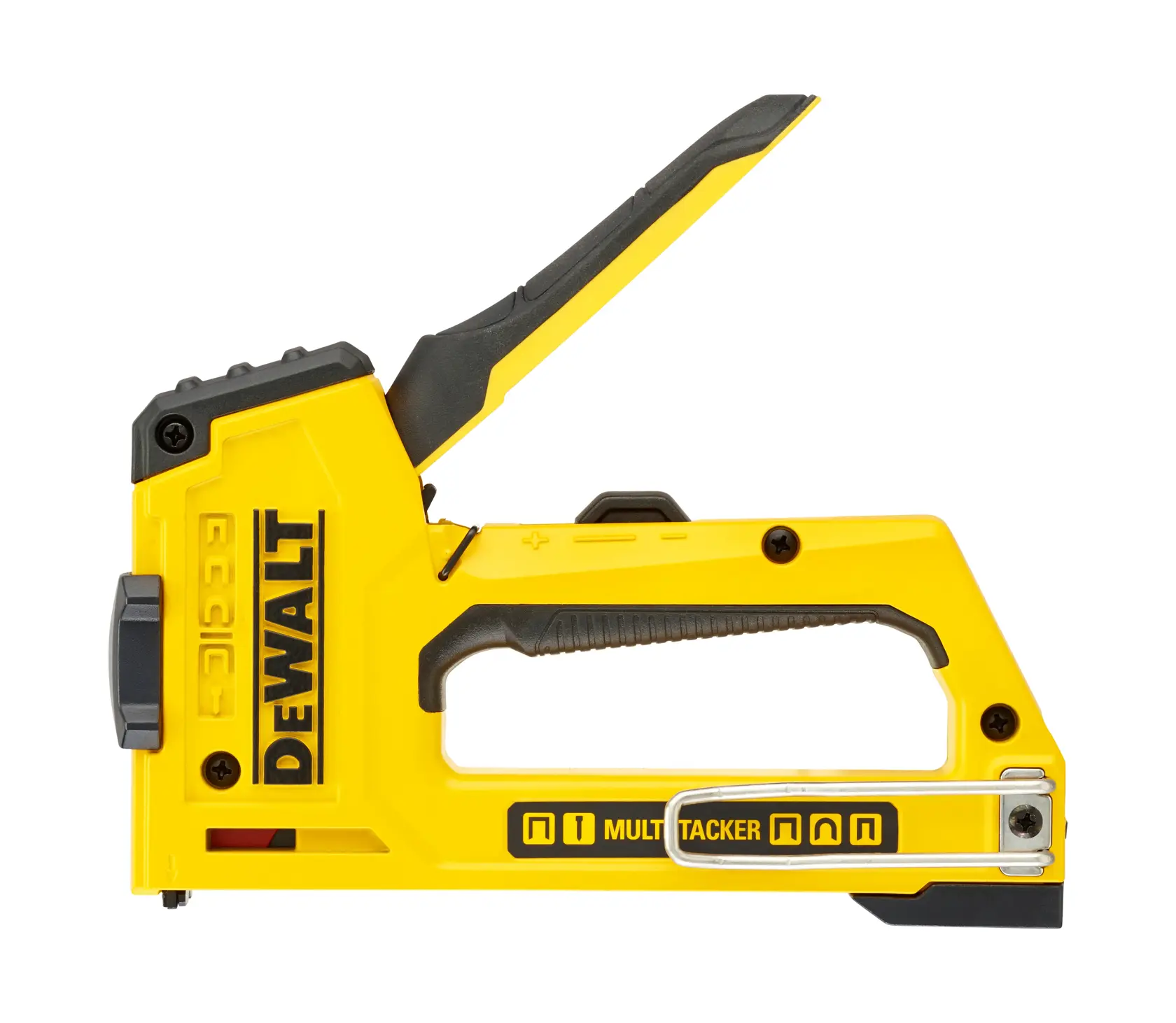 Yellow DEWALT multi-tacker tool with ergonomic handle and metal parts for stapling or fastening tasks.