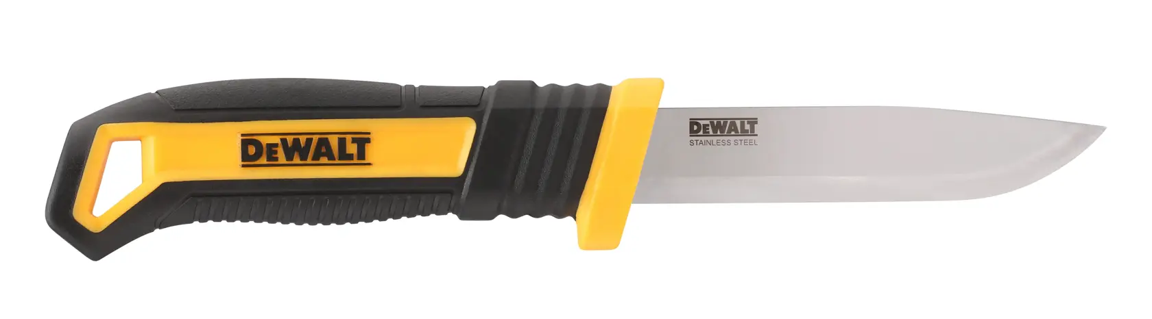 DEWALT utility knife with a black and yellow handle and stainless steel blade, shown on a white background.