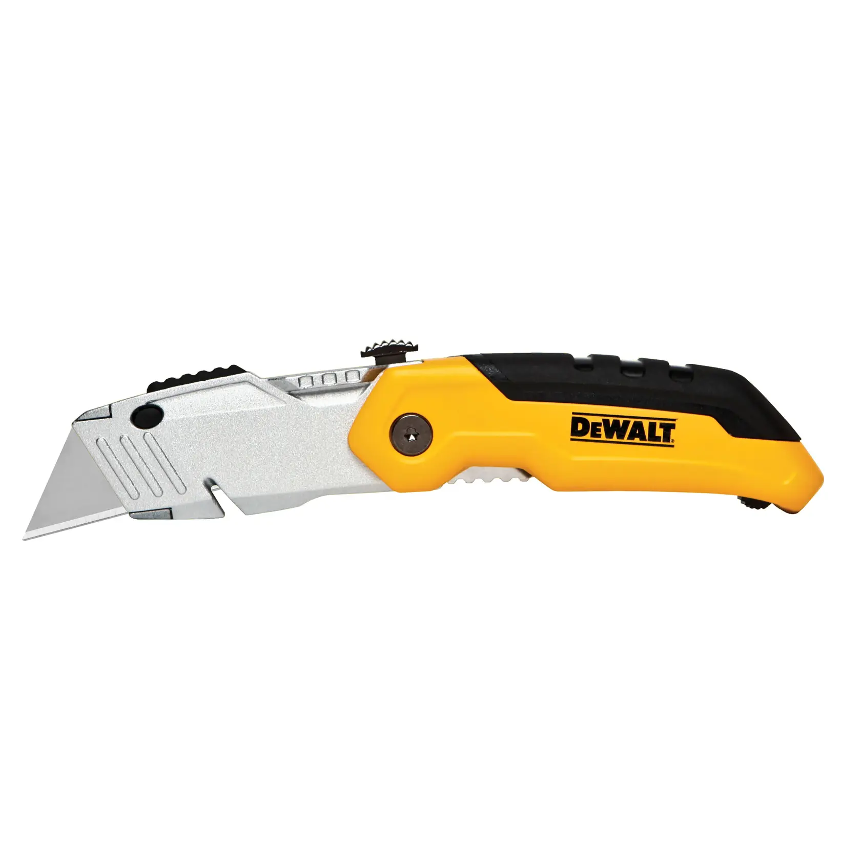 DEWALT folding utility knife with yellow and black handle and silver blade.