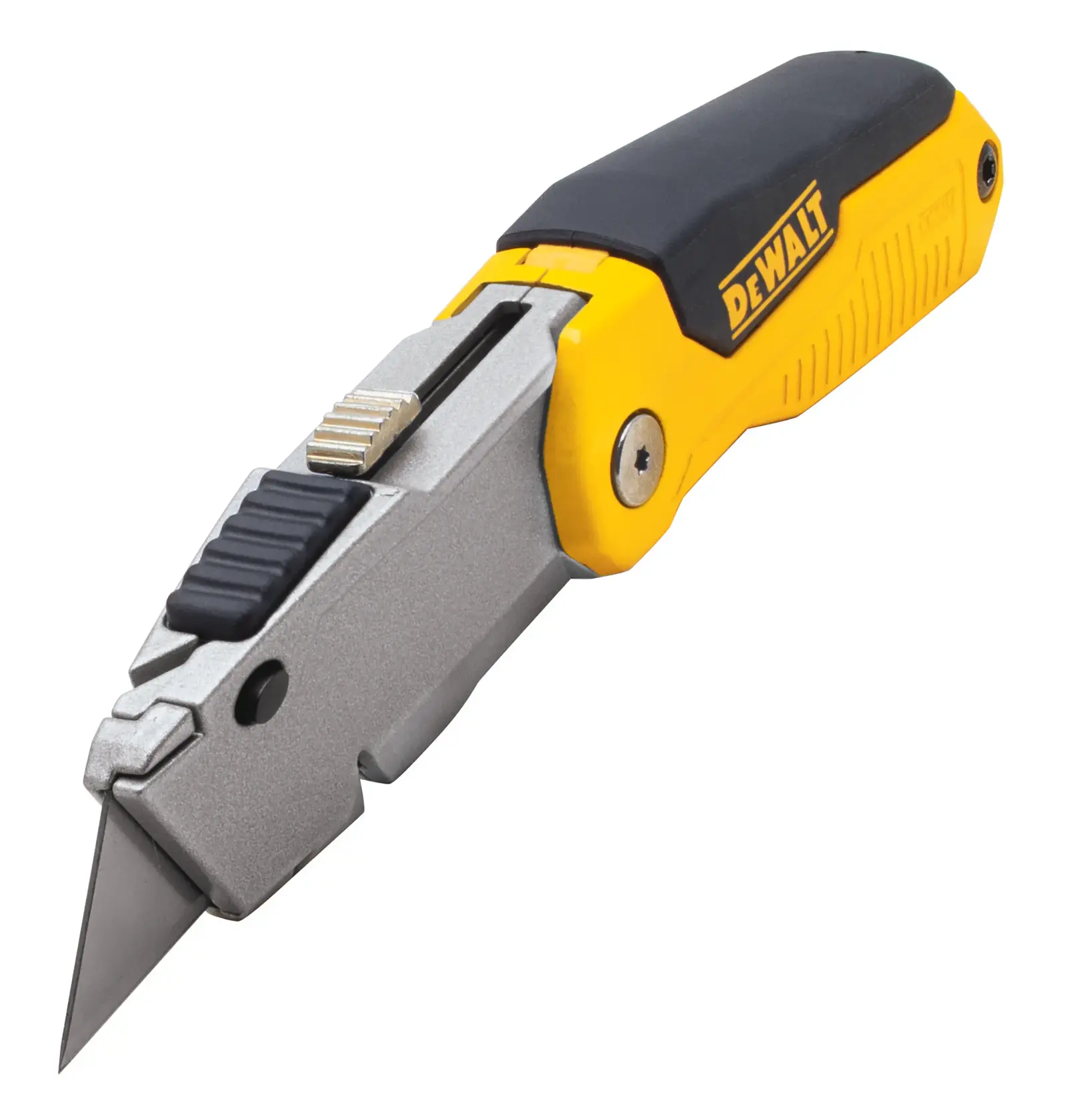 A DEWALT folding utility knife with a retractable blade and ergonomic yellow and black handle.