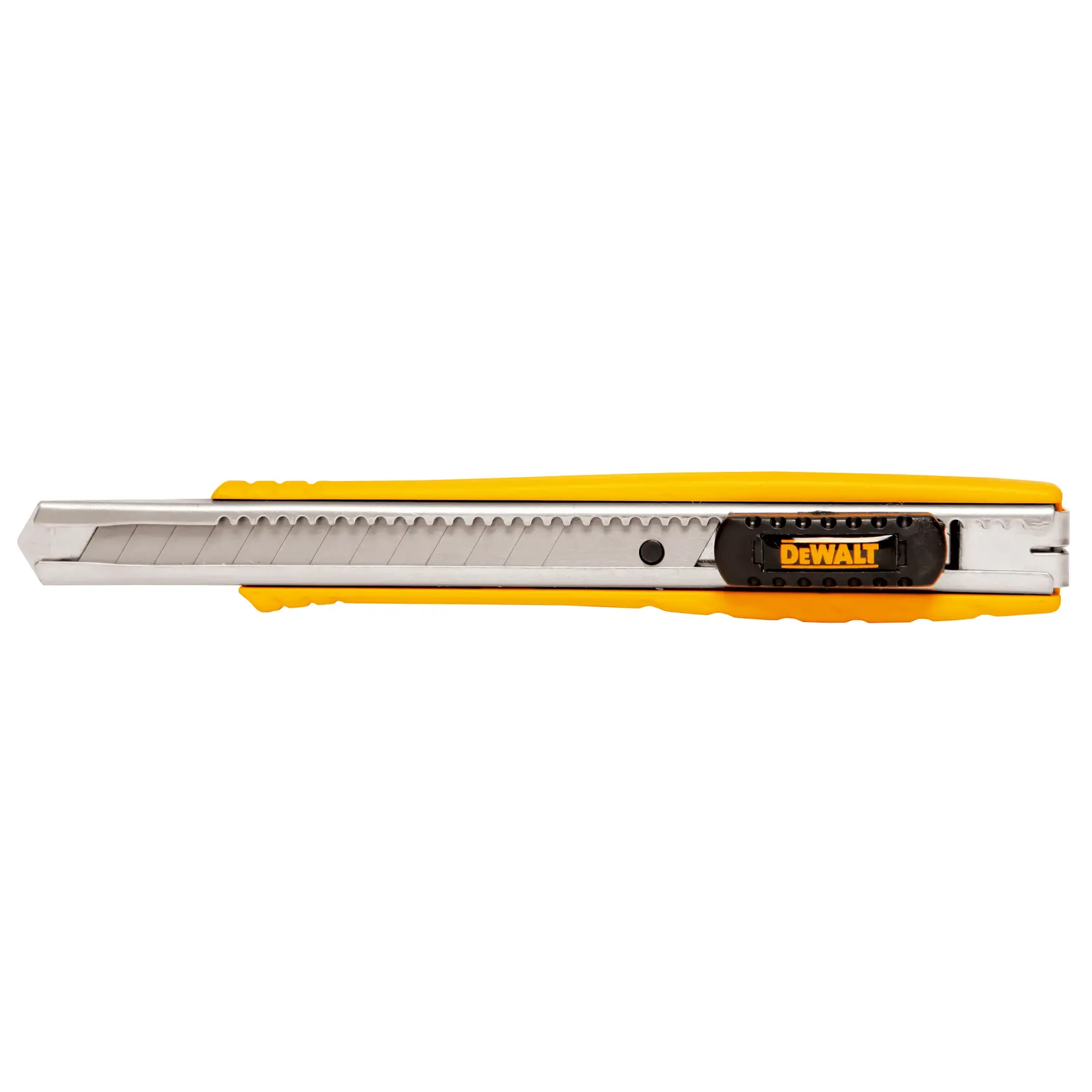 Yellow and silver DEWALT snap-off blade utility knife shown from the side on a white background.