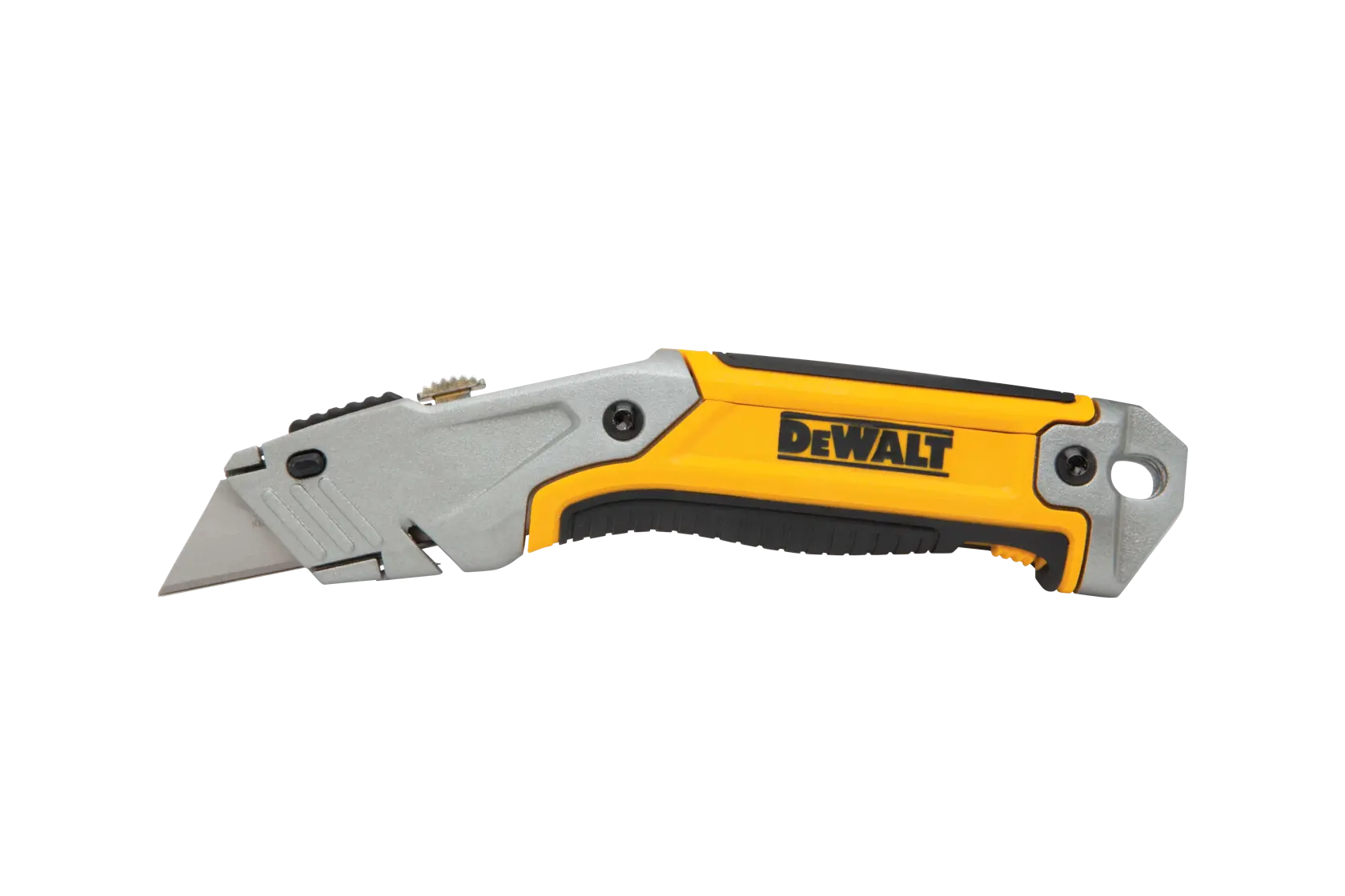 A DEWALT folding utility knife with a yellow and black handle and a retractable silver blade.