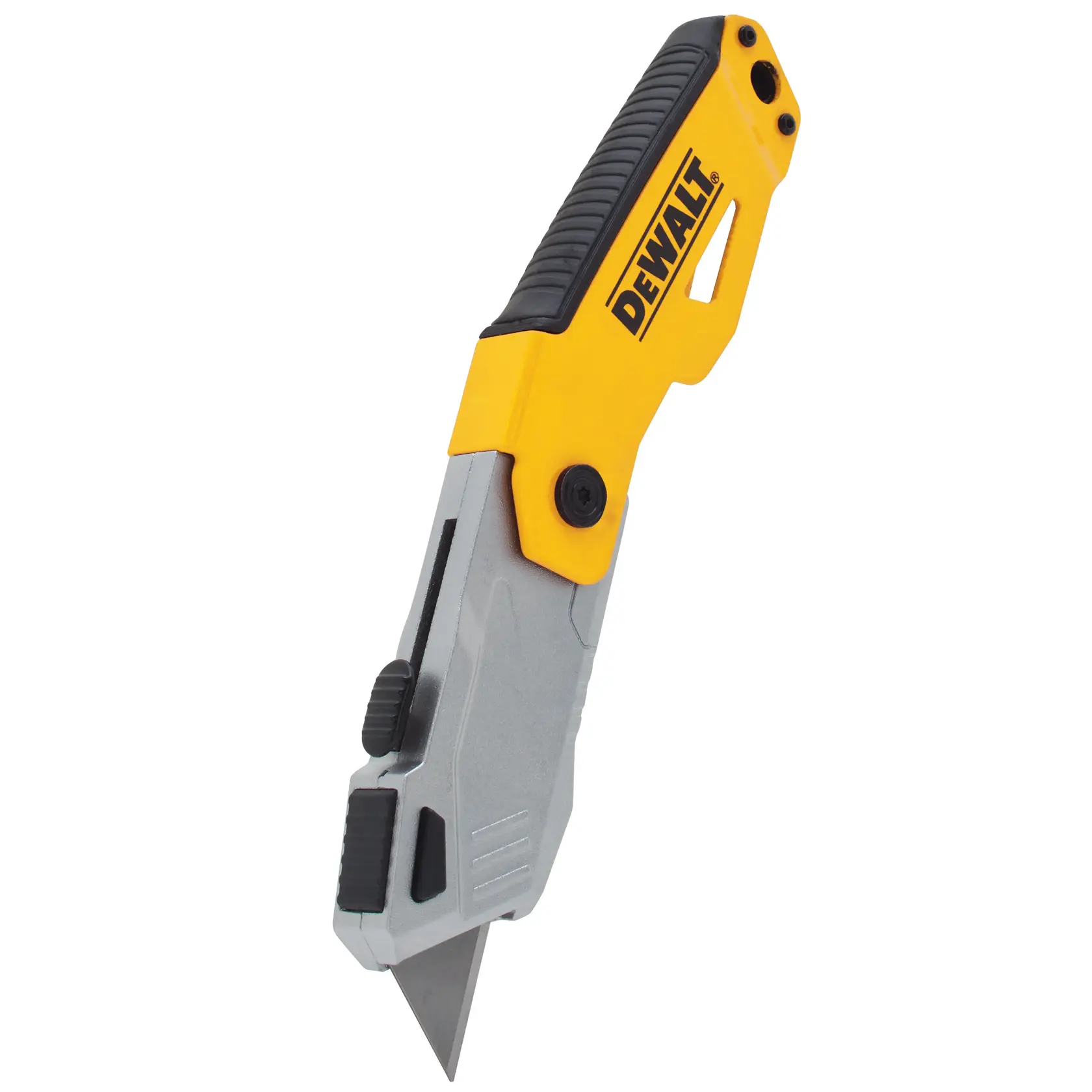 A DEWALT utility knife with a yellow and black handle and a silver blade, photographed against a white background.