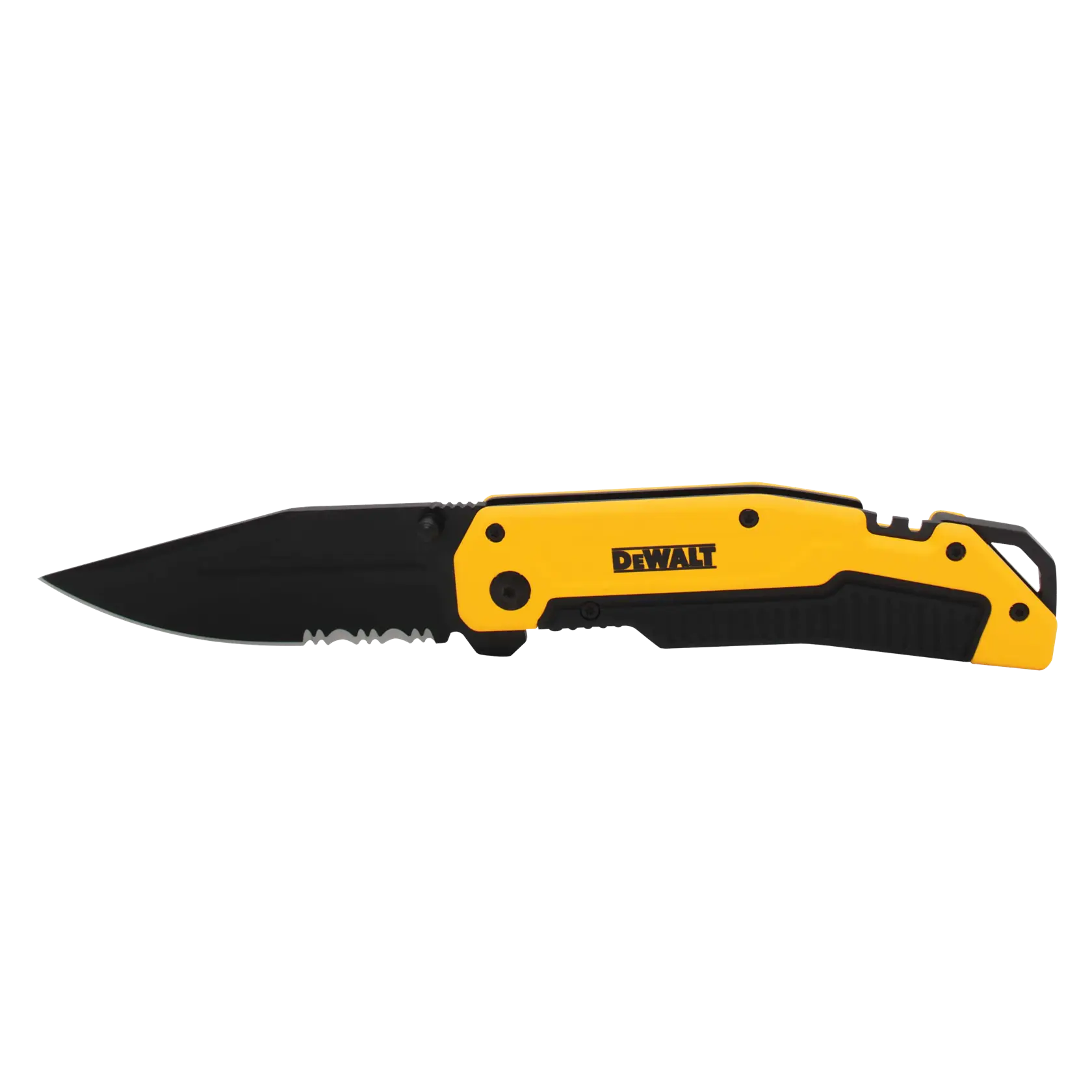 A DEWALT folding pocket knife with a partially serrated black blade and a yellow and black handle.