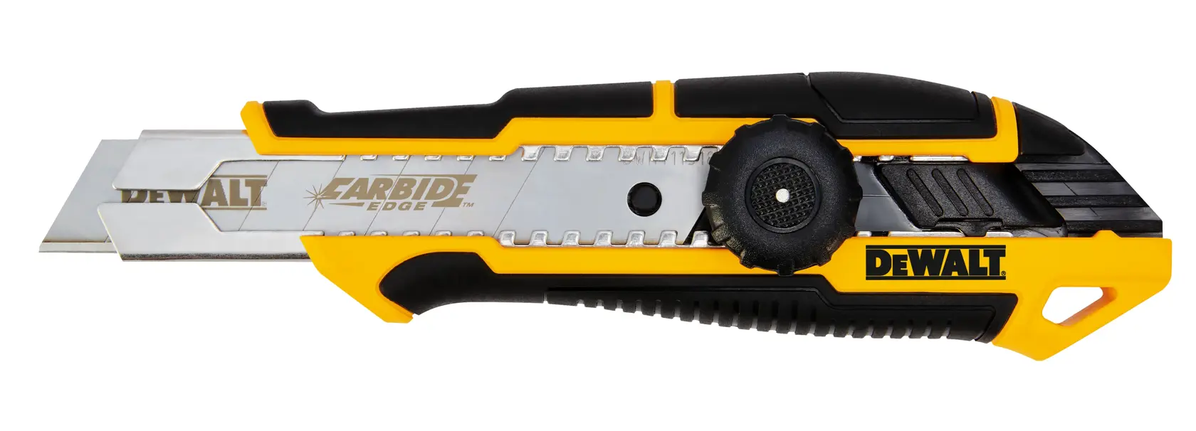 DEWALT retractable utility knife with carbide blade, yellow and black, shown side view.