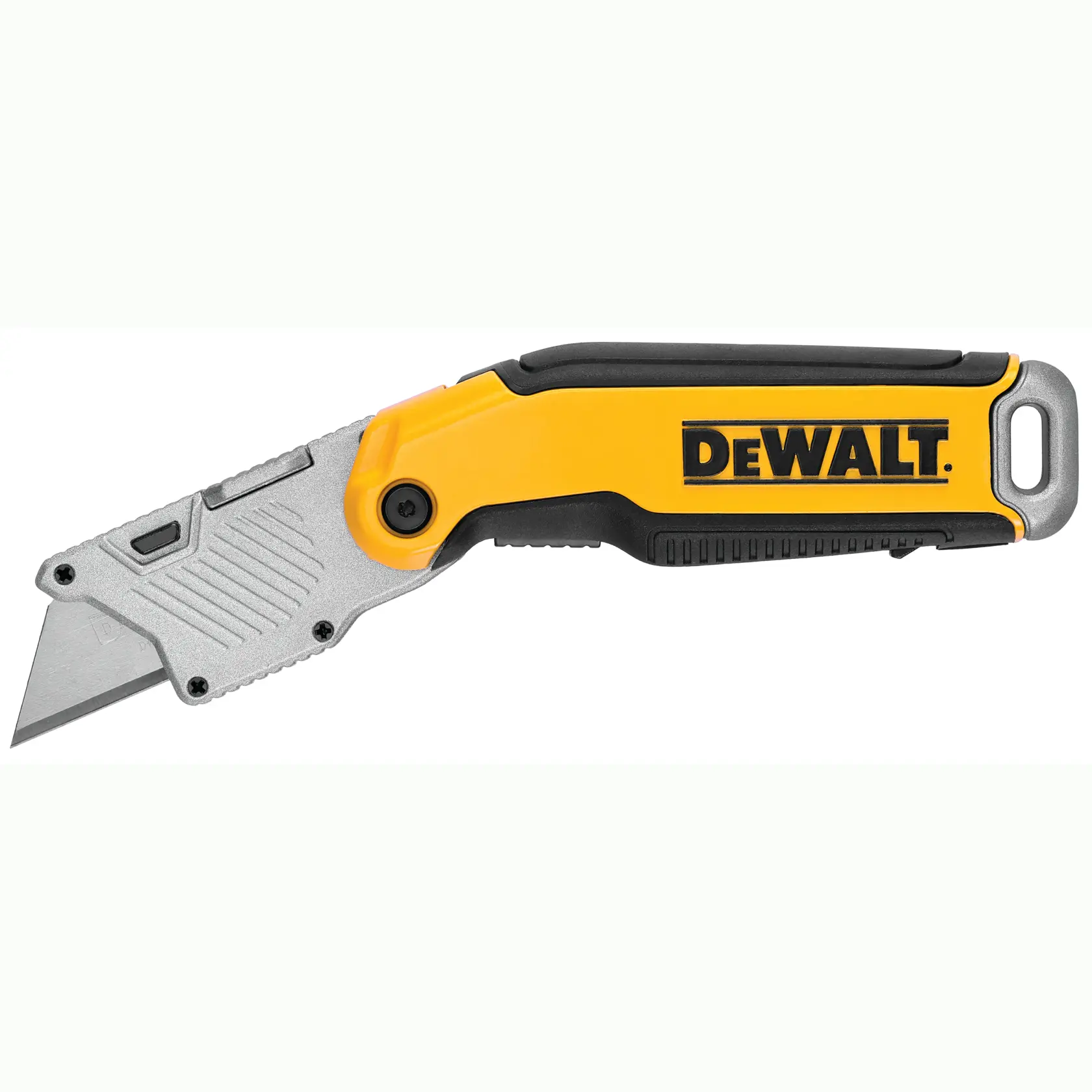 A DEWALT branded utility knife with a yellow and black handle and a silver blade.