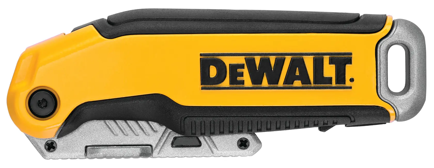 A closed DEWALT folding utility knife with a yellow and black handle, featuring the DEWALT logo.