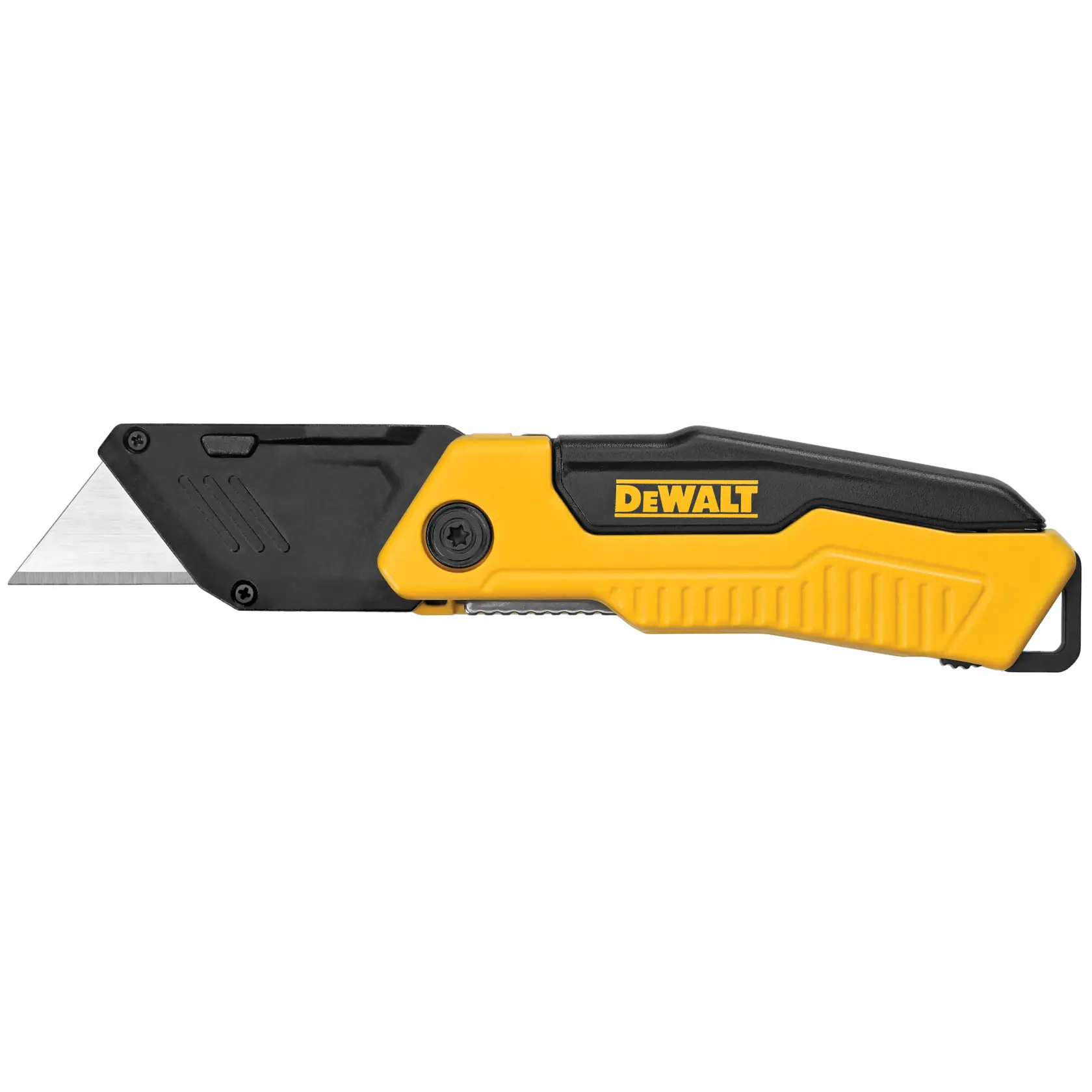 A DEWALT-branded folding utility knife with a yellow and black handle and a silver blade.