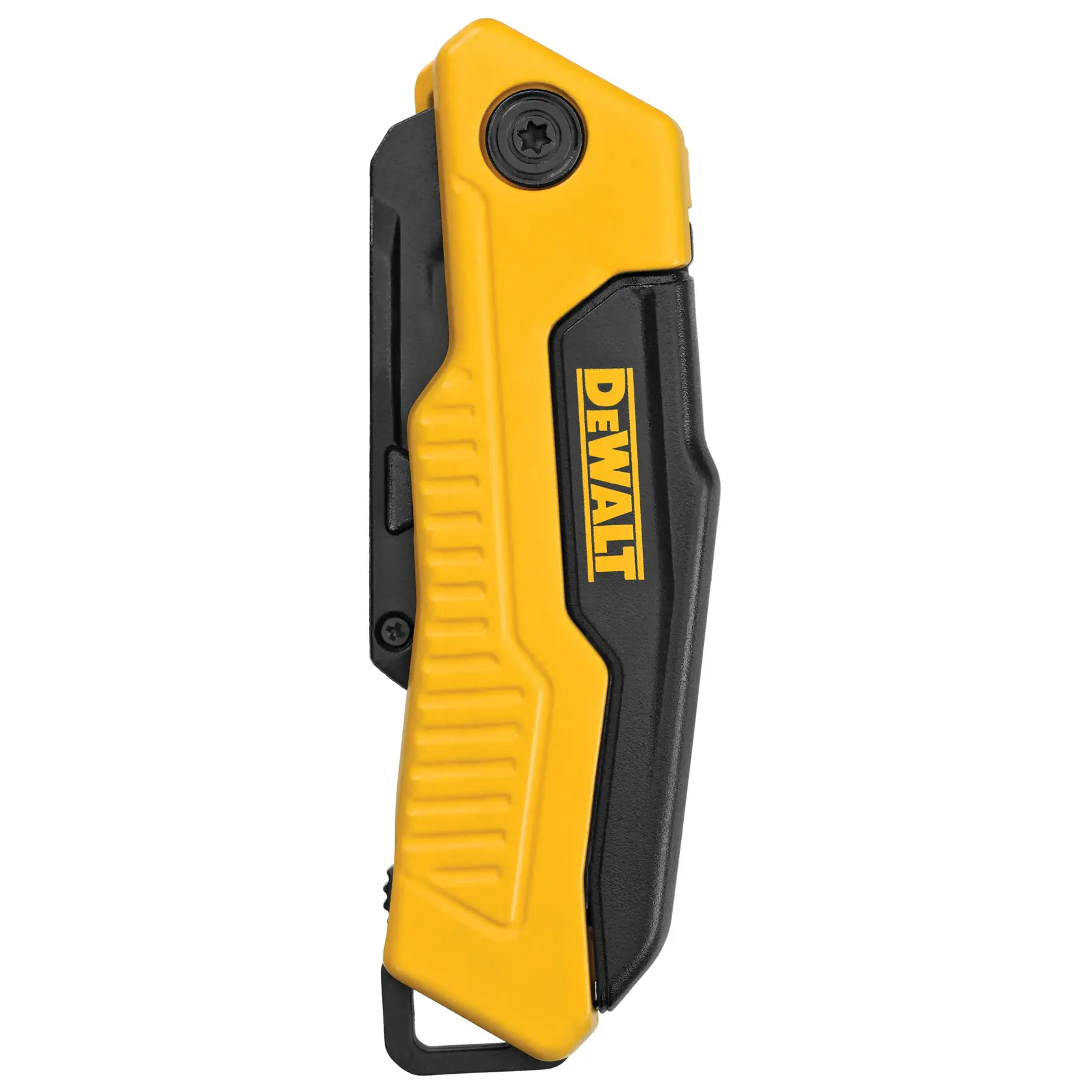 A DEWALT folding utility knife with a yellow and black handle and a sharp metal blade, shown against a white background.
