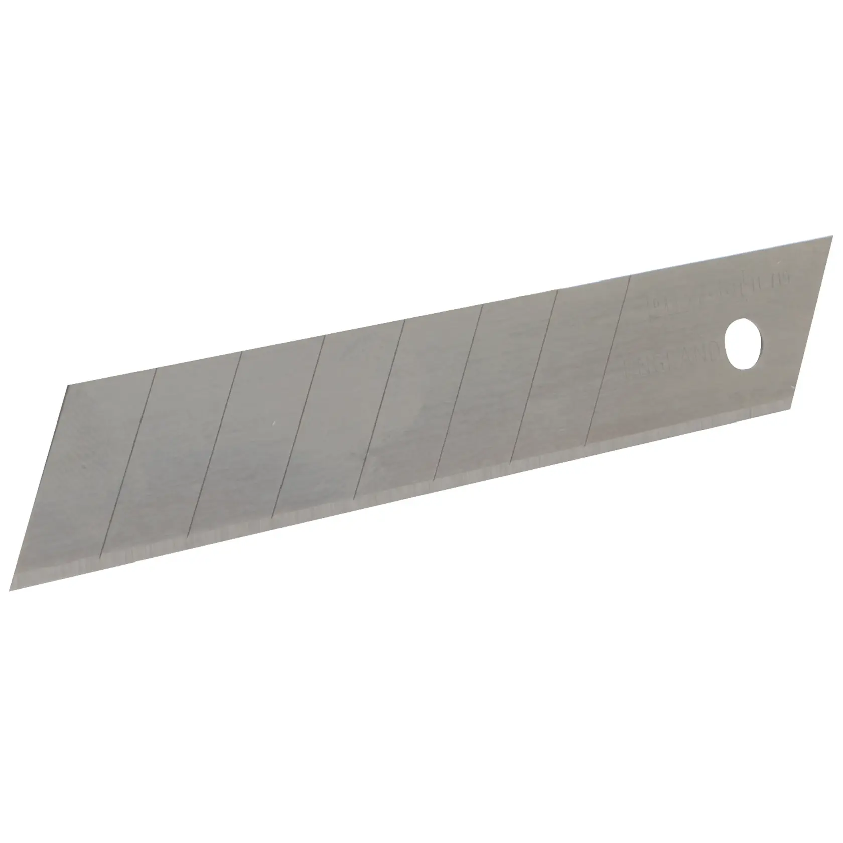Replacement segmented utility knife blade, straight edge, metallic, with hole at one end.