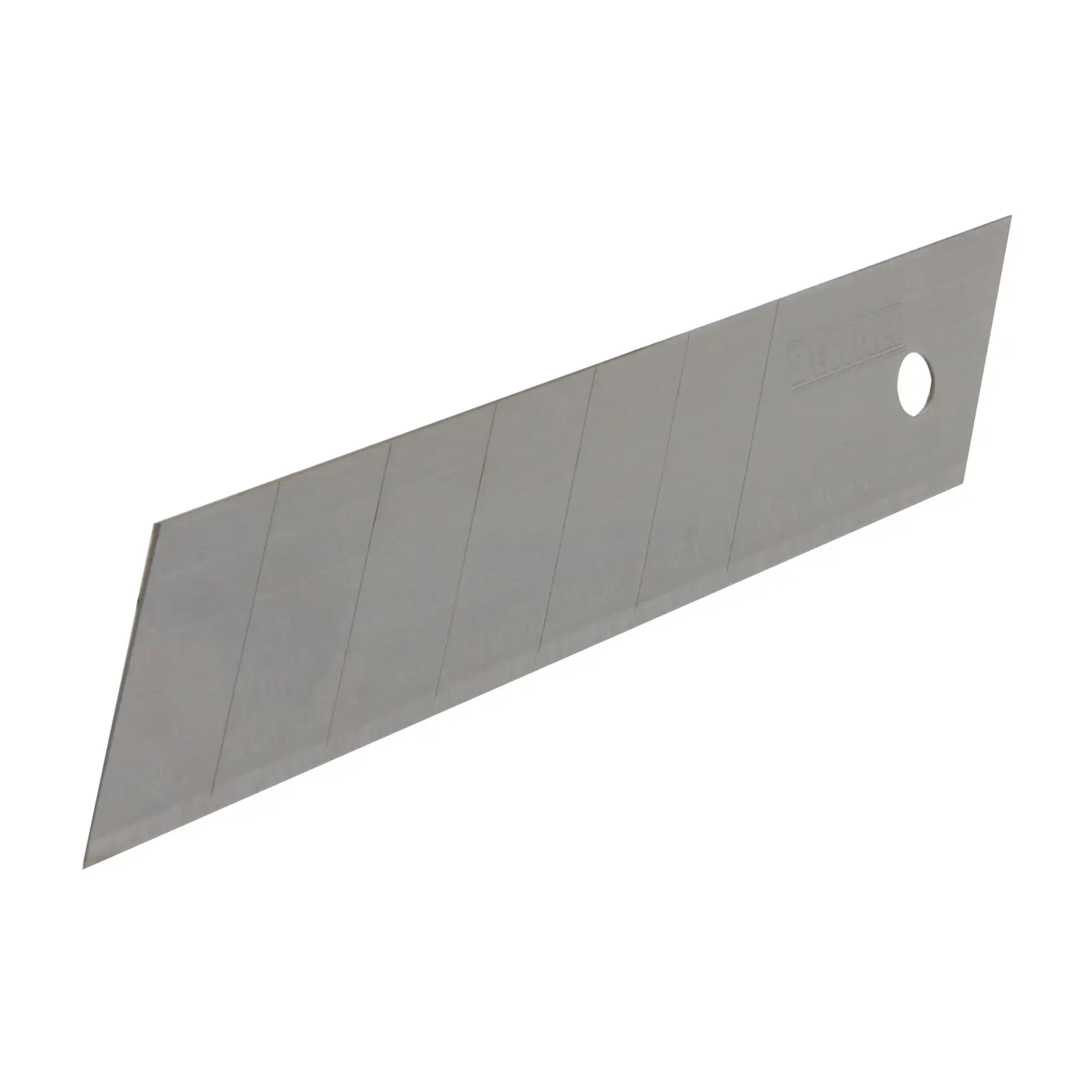 A DEWALT snap-off utility knife blade with sharp segments and a hole near one end against a white background.