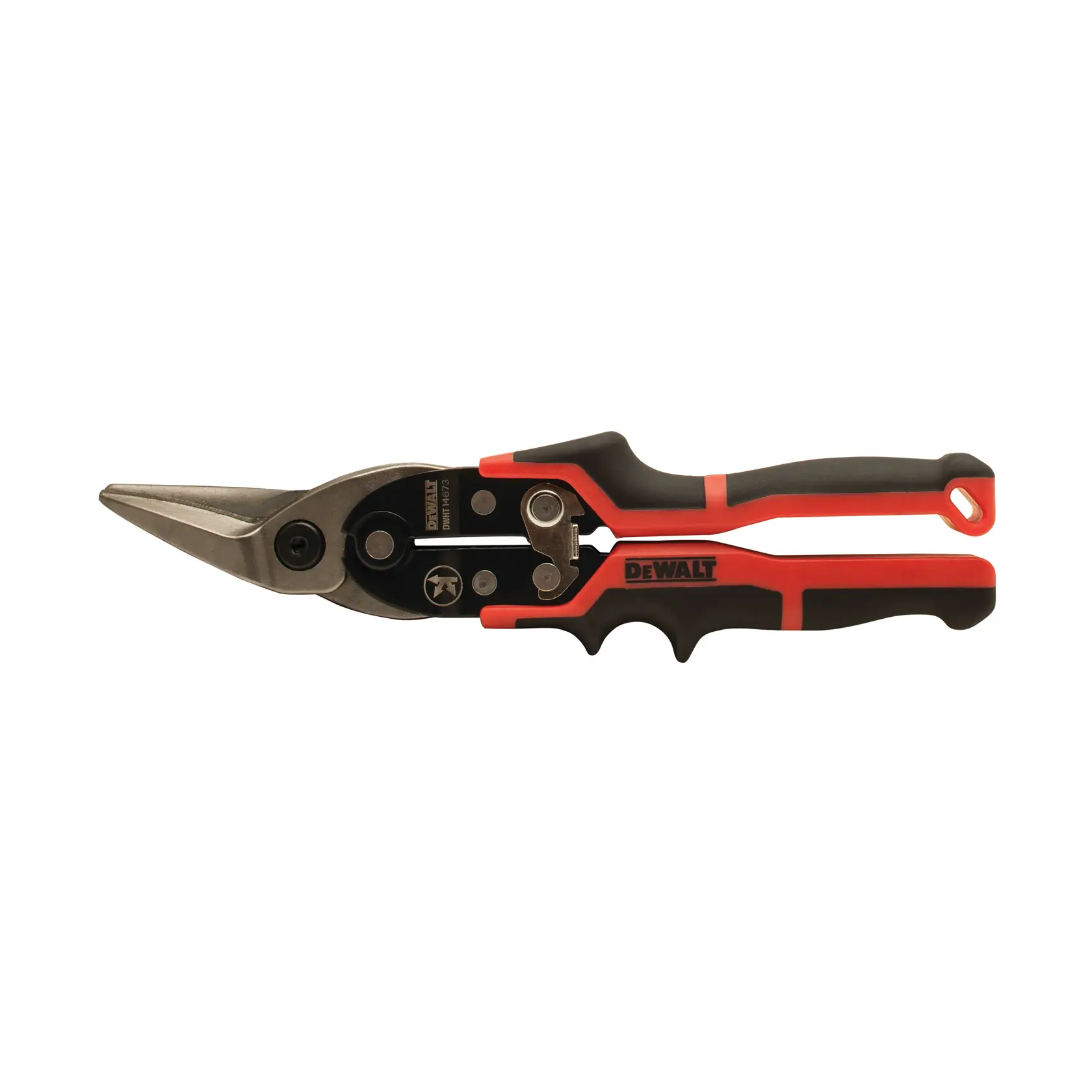 DEWALT Blechschere für Metall mit ergonomischen schwarzen und roten Griffen sowie abgewinkelten Schneidblättern, dargestellt vor weißem Hintergrund.