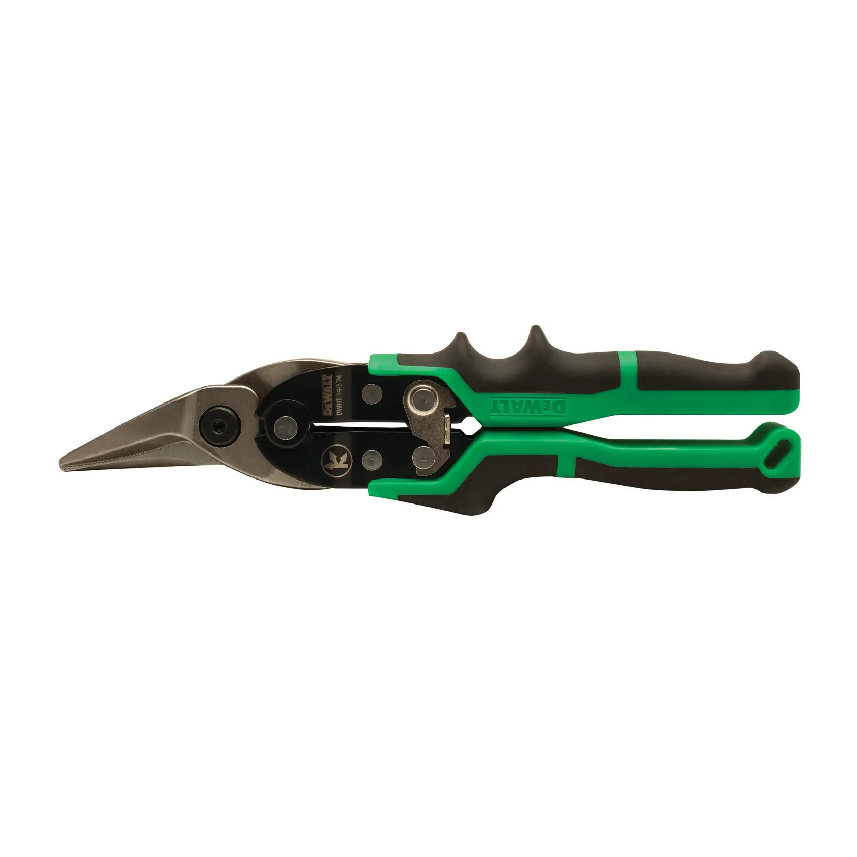 Green and black DEWALT aviation snips with ergonomic handle, designed for cutting metal sheets.