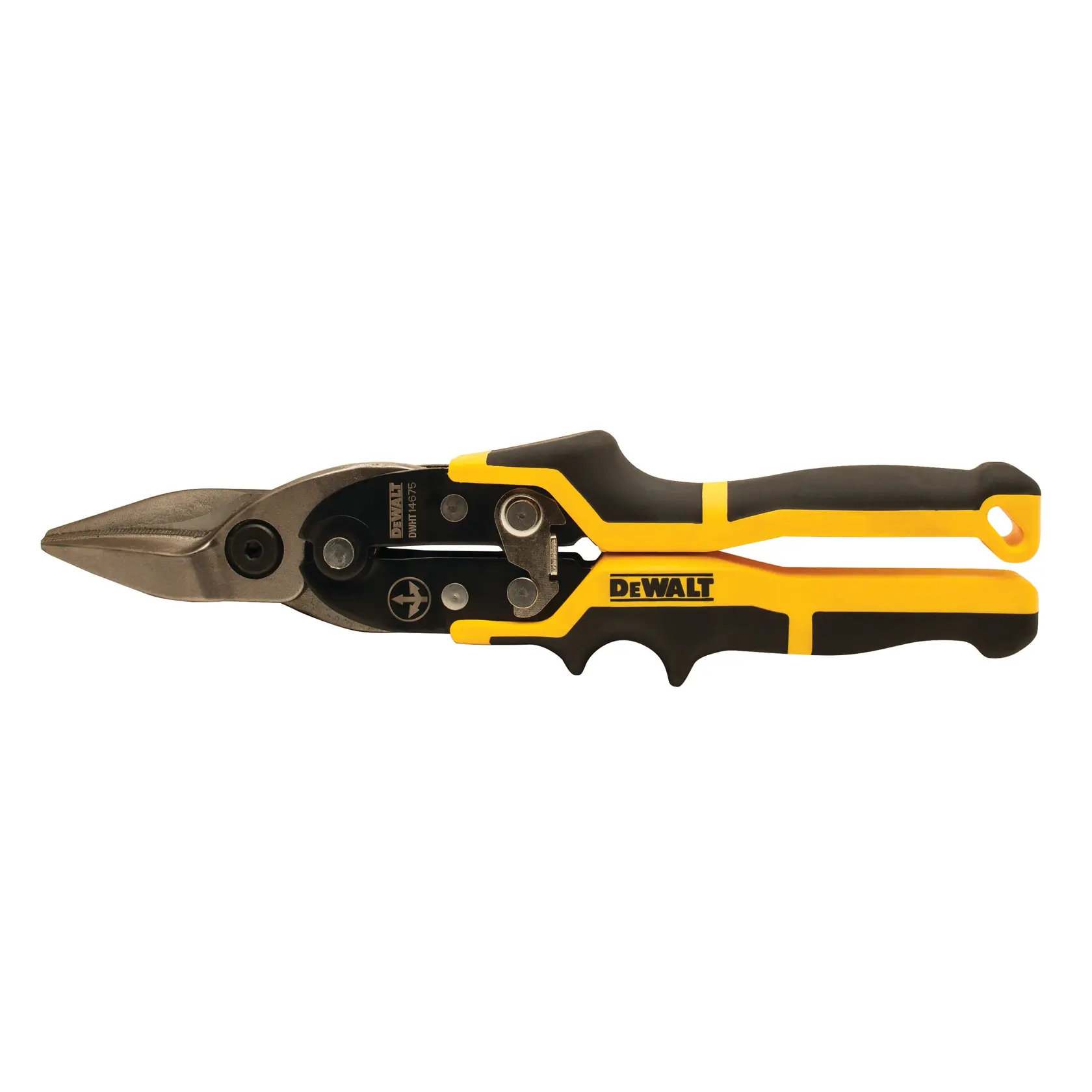 DEWALT yellow and black aviation snip with ergonomic handle, designed for cutting metal materials.