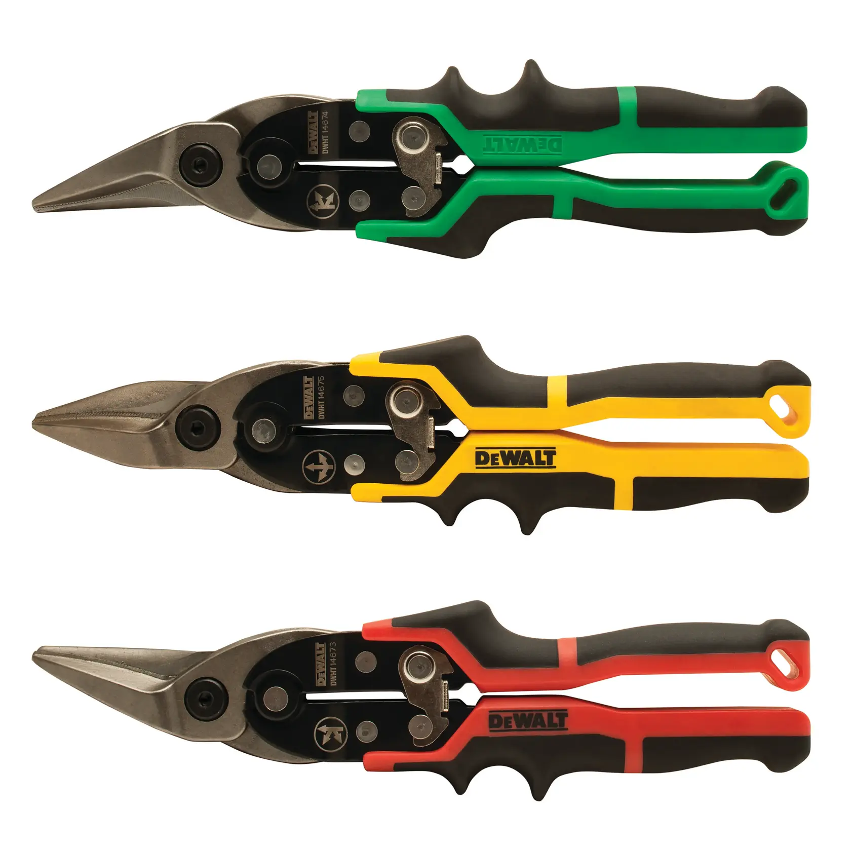 Three DEWALT aviation snips with colored grips: green, yellow, and red, shown side by side on a white background.