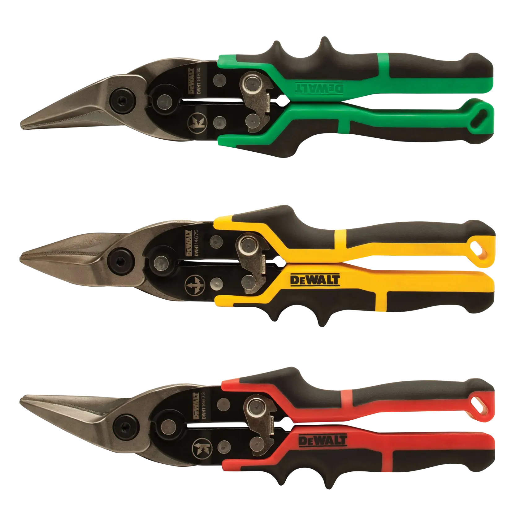 Three DEWALT aviation snips with ergonomic handles, shown in a set. The handles are colored green, yellow, and red, designed for different cutting directions or purposes. The tools have robust metal blades.