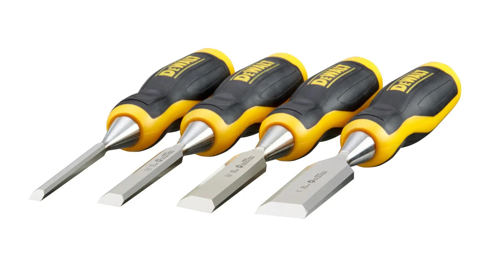 Set of four DEWALT wood chisels with black and yellow handles, arranged in a row on a white background.