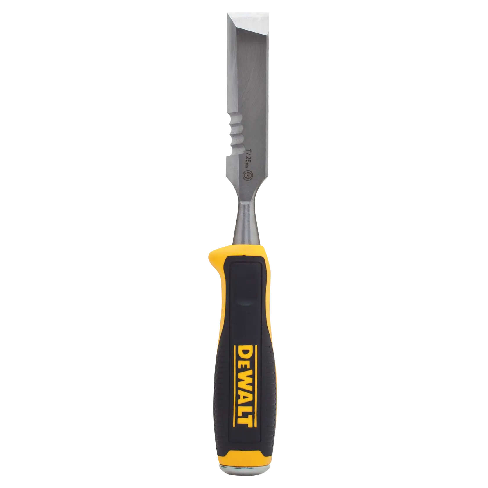 DEWALT woodworking chisel with yellow and black ergonomic handle and steel blade, shown vertically.