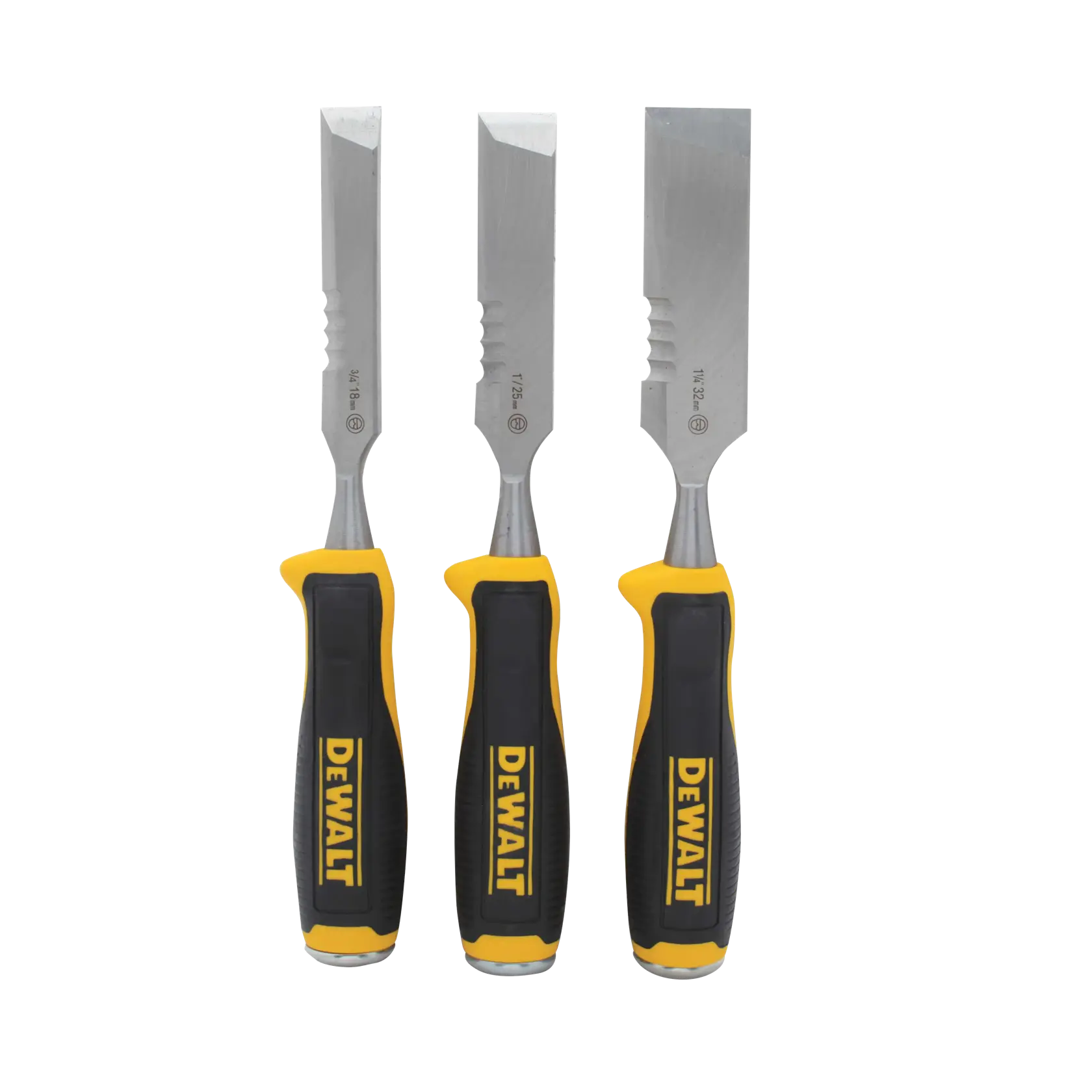 Three DEWALT woodworking chisels with black and yellow handles, arranged side by side.