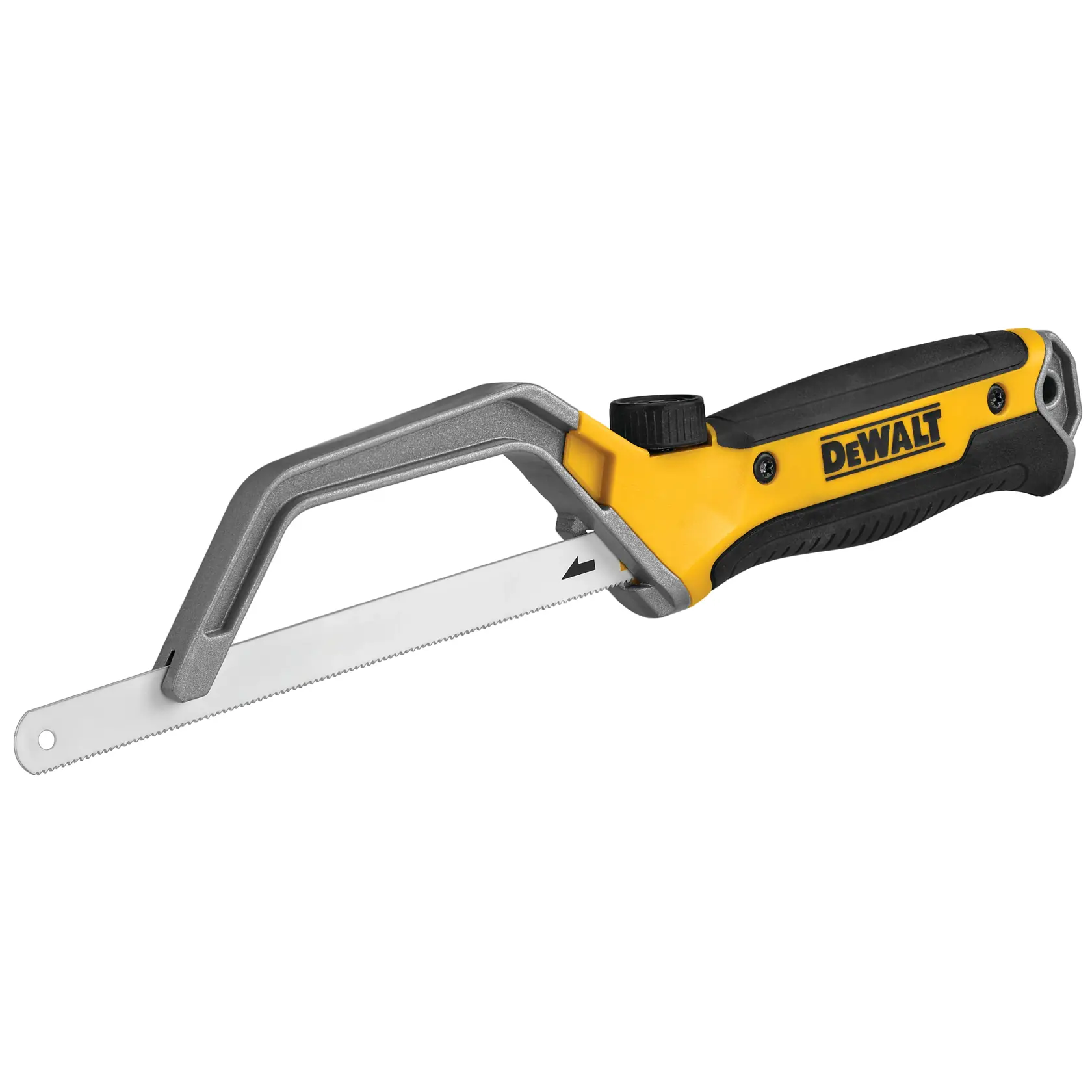 A DEWALT hand saw with a yellow and black ergonomic handle and a metal frame, designed for cutting wood or metal.