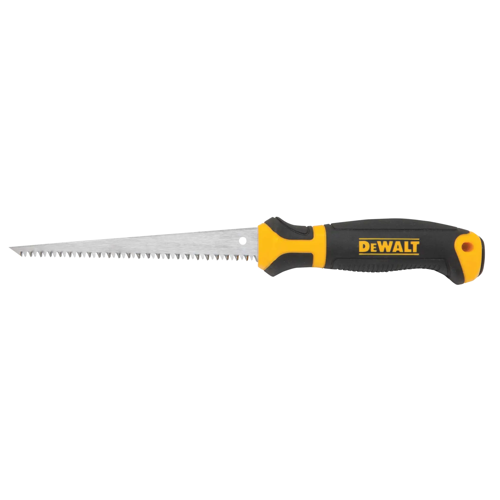 A DEWALT drywall saw with a black and yellow ergonomic handle and a serrated metal blade, designed for cutting drywall.